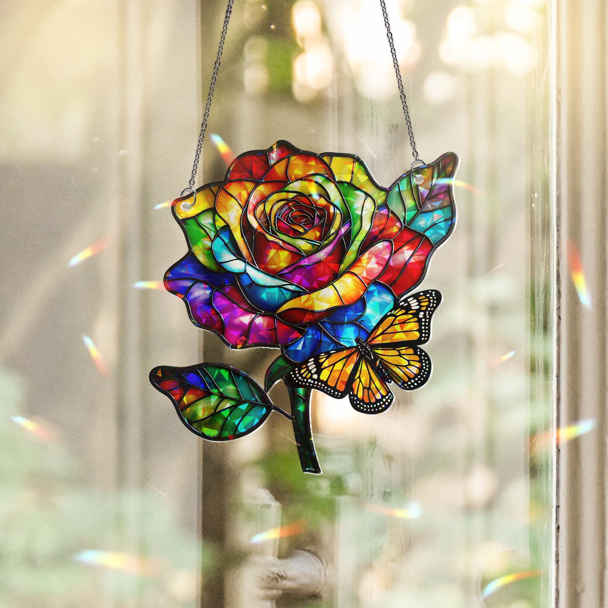 Rainbow Rose Acrylic Window Hanging with Butterfly – Colorful Floral Suncatcher, Pride Window Decor, Summer Gift, LGBTQ+ Window Art