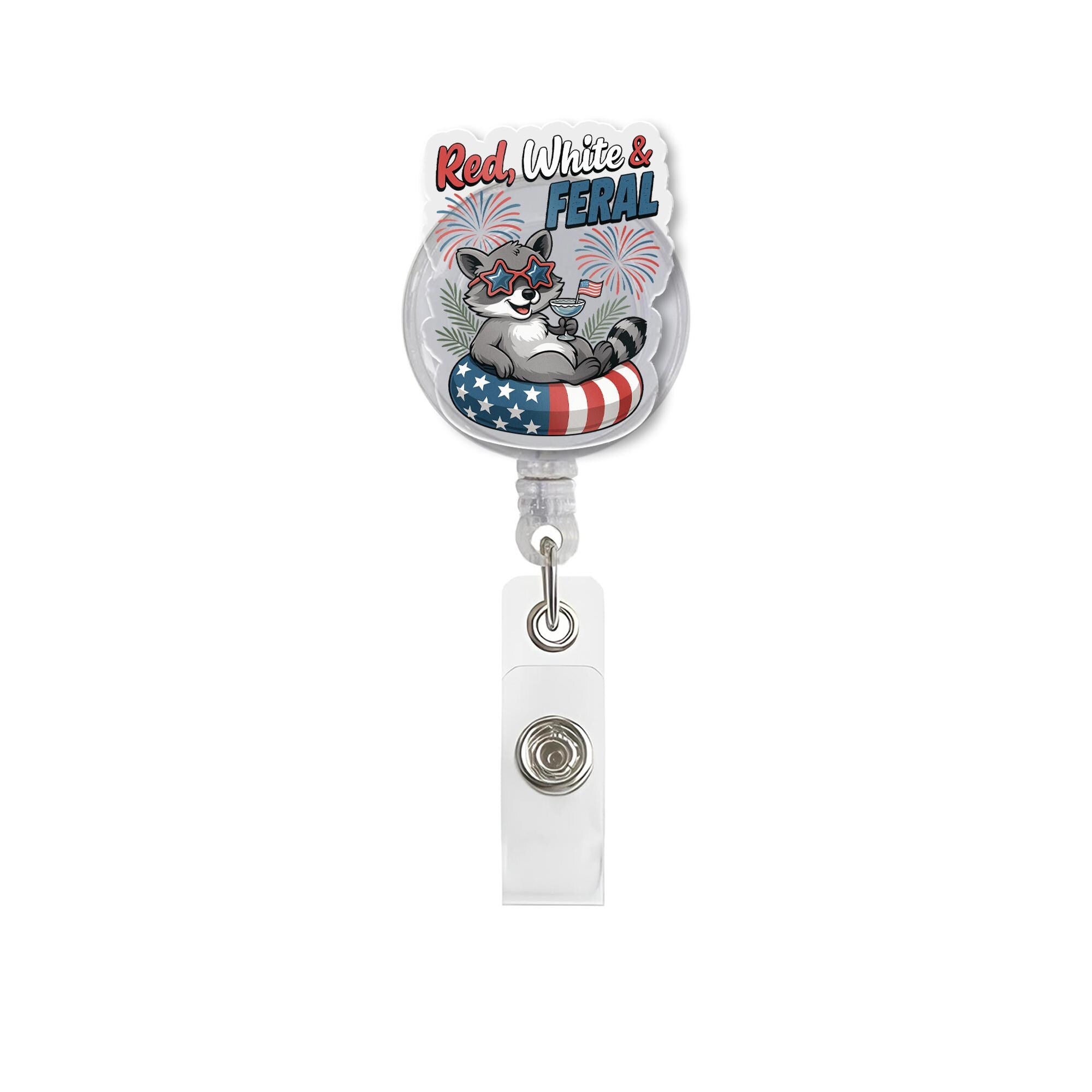 Red White & Feral Badge Reel – Funny Patriotic Raccoon ID Holder with Fireworks, 4th of July Nurse Badge Clip, Summer USA Gift