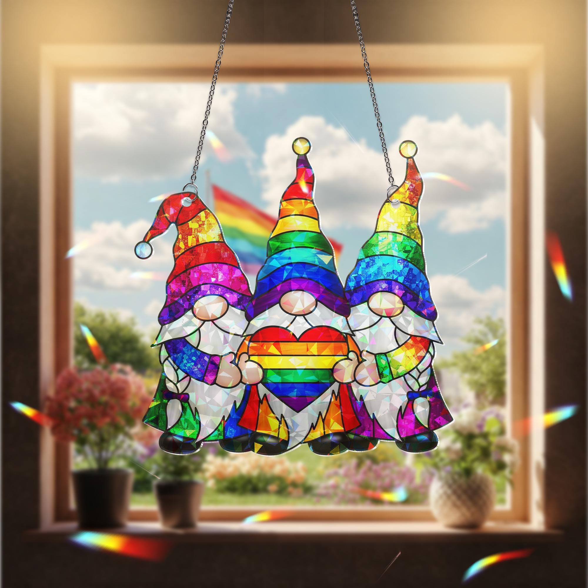 Rainbow Gnomes Pride ACRYLIC Window Hanging, Trio with Heart Home Decor, LGBTQ+ Window Decor, Colorful Unity Gift for Pride Month, Queer Art