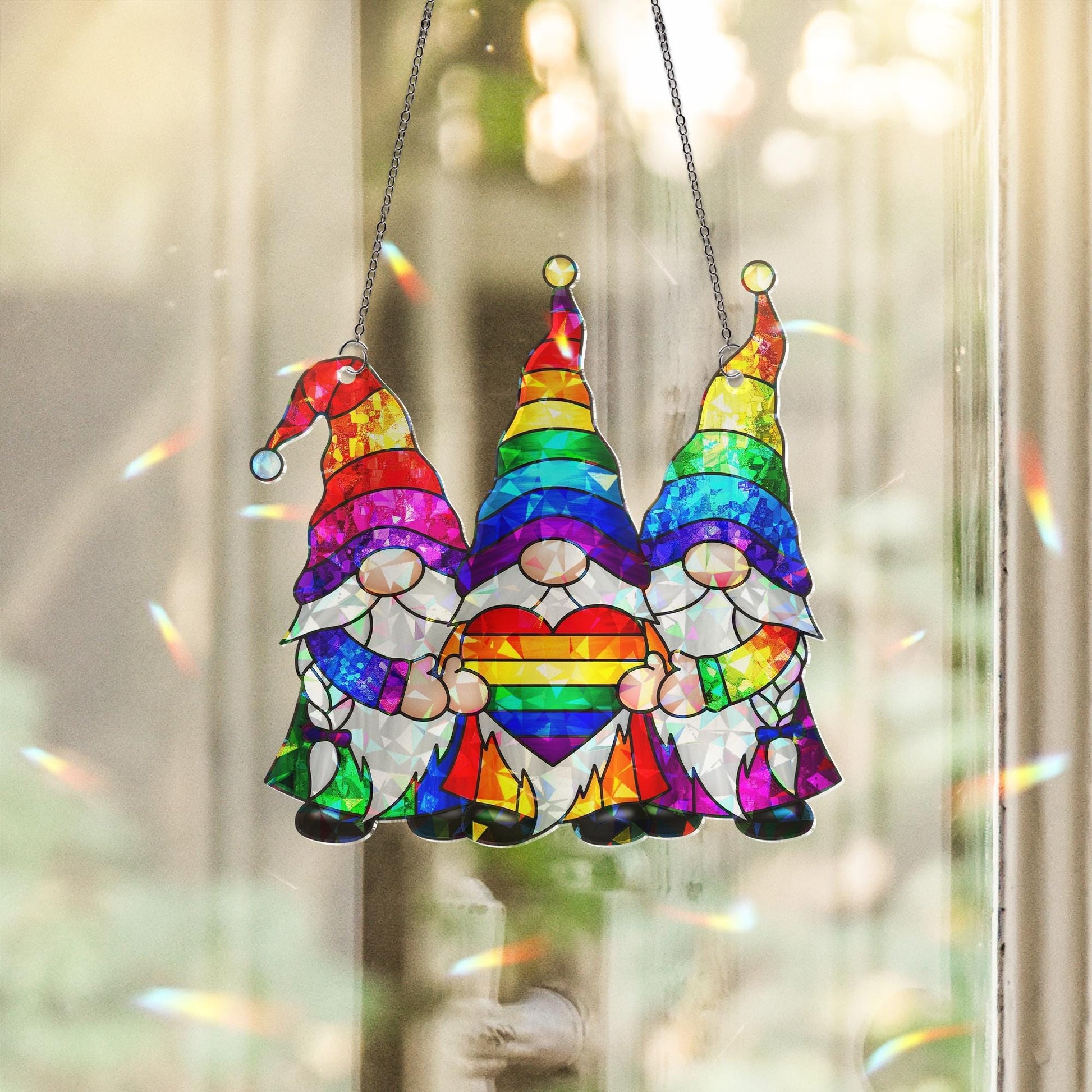Rainbow Gnomes Pride ACRYLIC Window Hanging, Trio with Heart Home Decor, LGBTQ+ Window Decor, Colorful Unity Gift for Pride Month, Queer Art