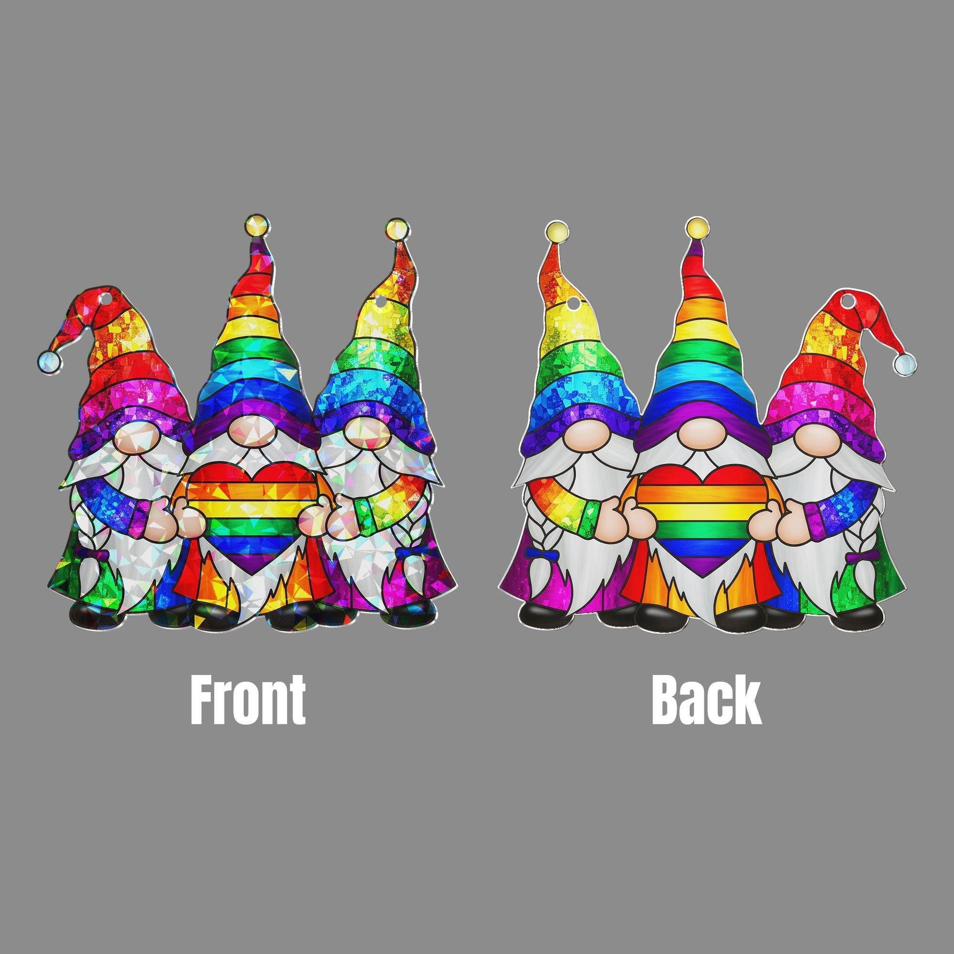 Rainbow Gnomes Pride ACRYLIC Window Hanging, Trio with Heart Home Decor, LGBTQ+ Window Decor, Colorful Unity Gift for Pride Month, Queer Art