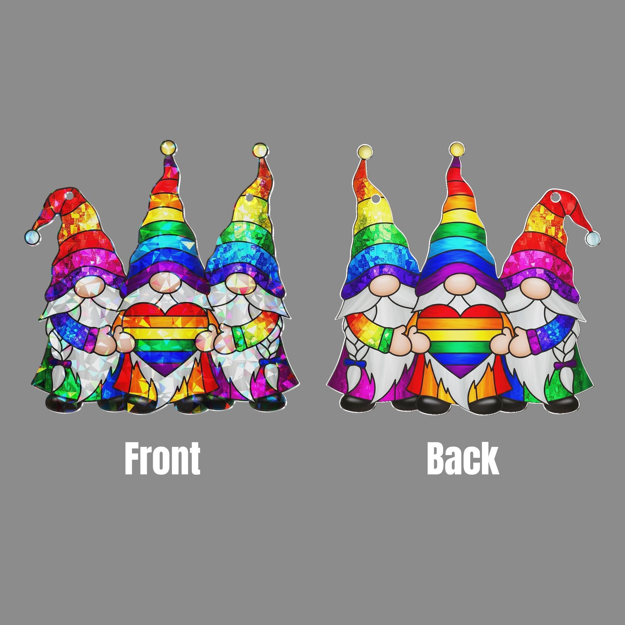 Rainbow Gnomes Pride ACRYLIC Window Hanging, Trio with Heart Home Decor, LGBTQ+ Window Decor, Colorful Unity Gift for Pride Month, Queer Art