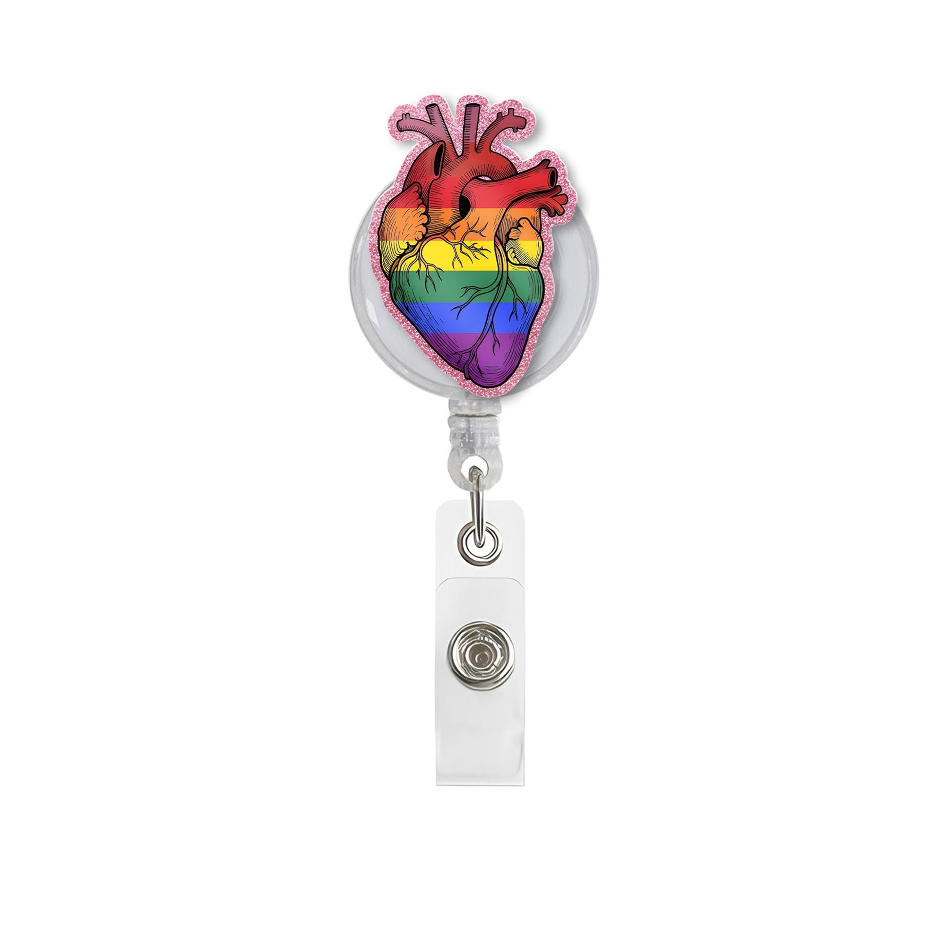 Rainbow Heart FAUX Glitter Badge Reel, LGBTQ Pride ID Holder, Anatomical Heart Clip, Nurse Gift, Queer Accessory, Colorful Badge Reel