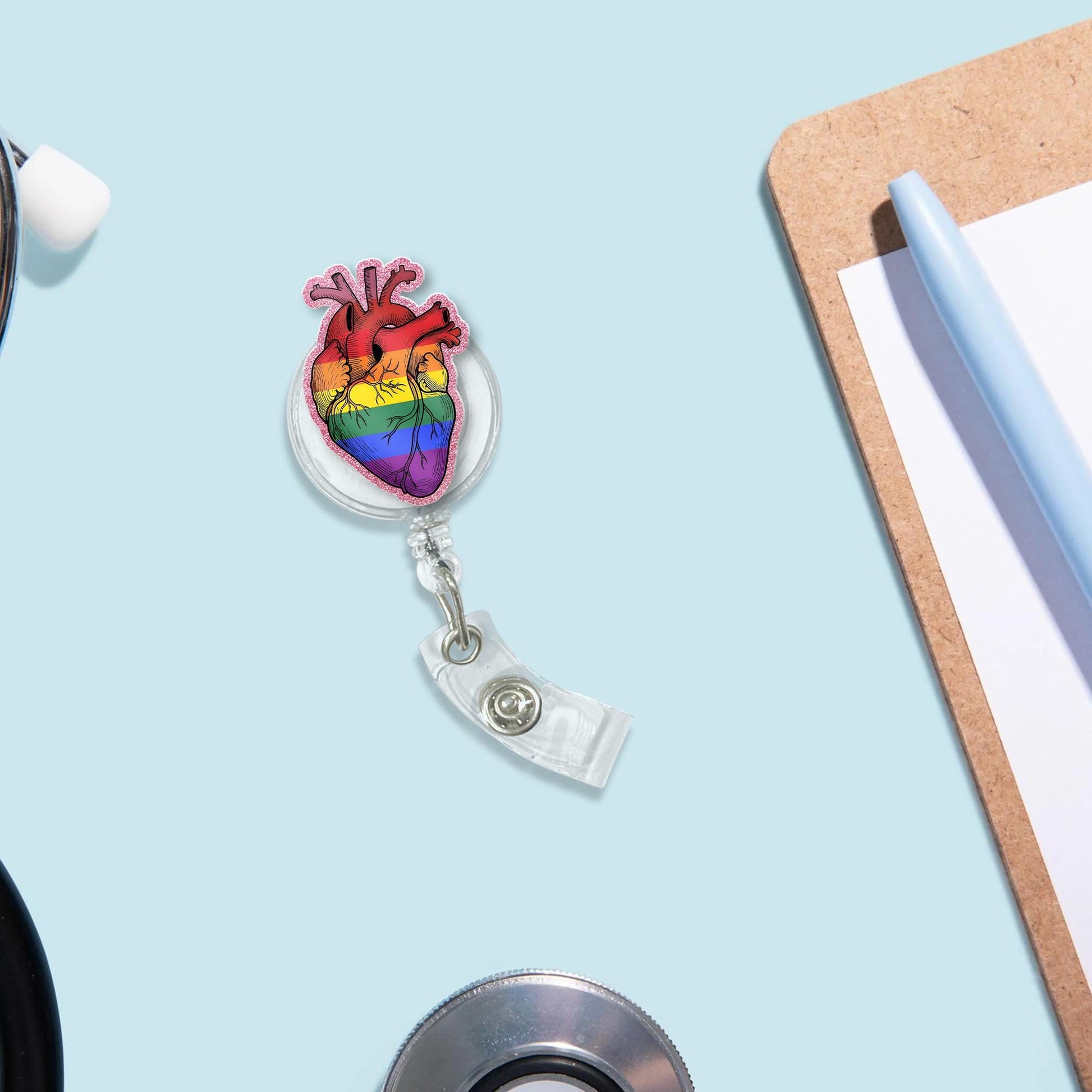 Rainbow Heart FAUX Glitter Badge Reel, LGBTQ Pride ID Holder, Anatomical Heart Clip, Nurse Gift, Queer Accessory, Colorful Badge Reel