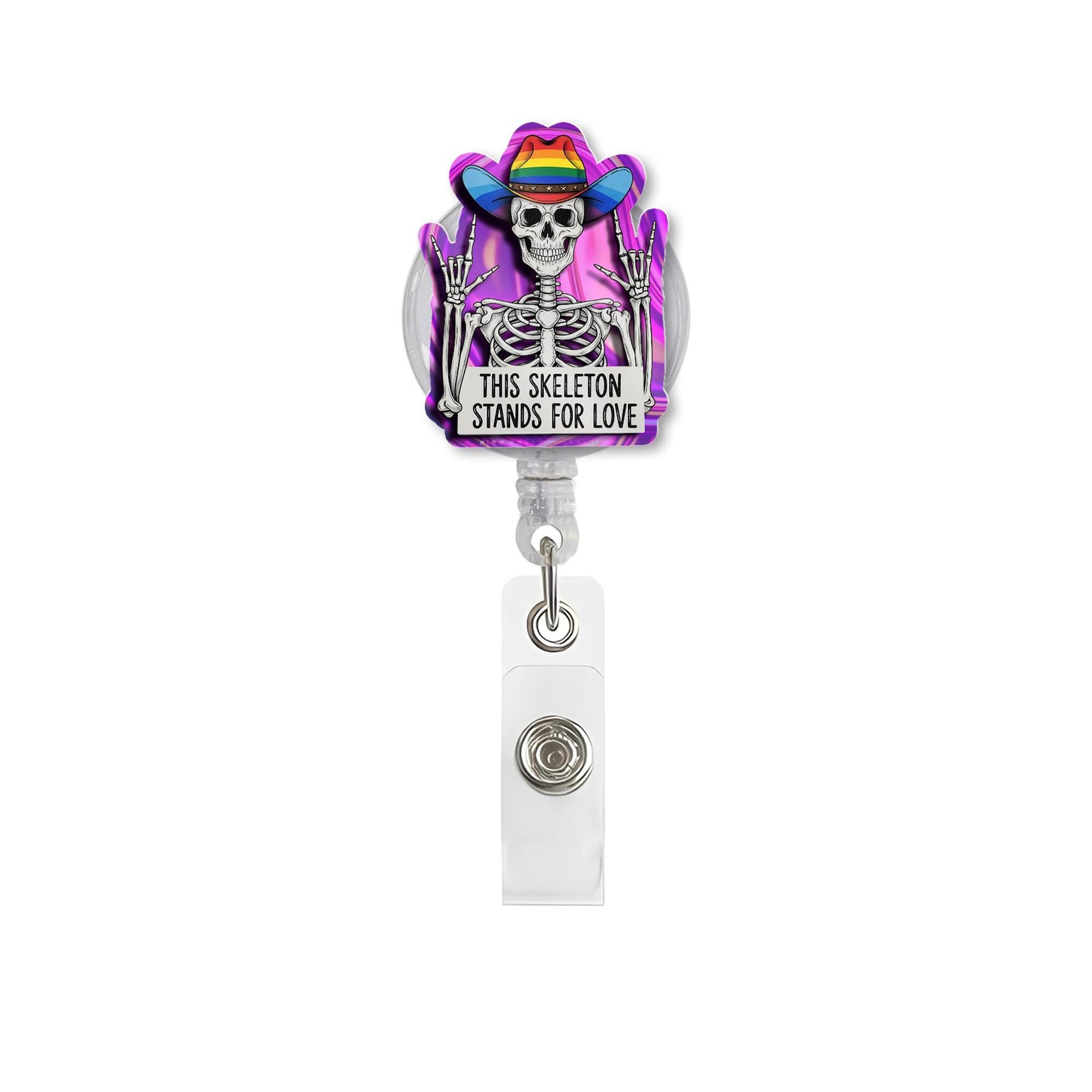 Rainbow Skeleton FAUX Hologram Badge Reel, Pride ID Clip, LGBTQ Nurse Gift, Funny Skeleton, Colorful Badge Holder, Stand for Love Accessory