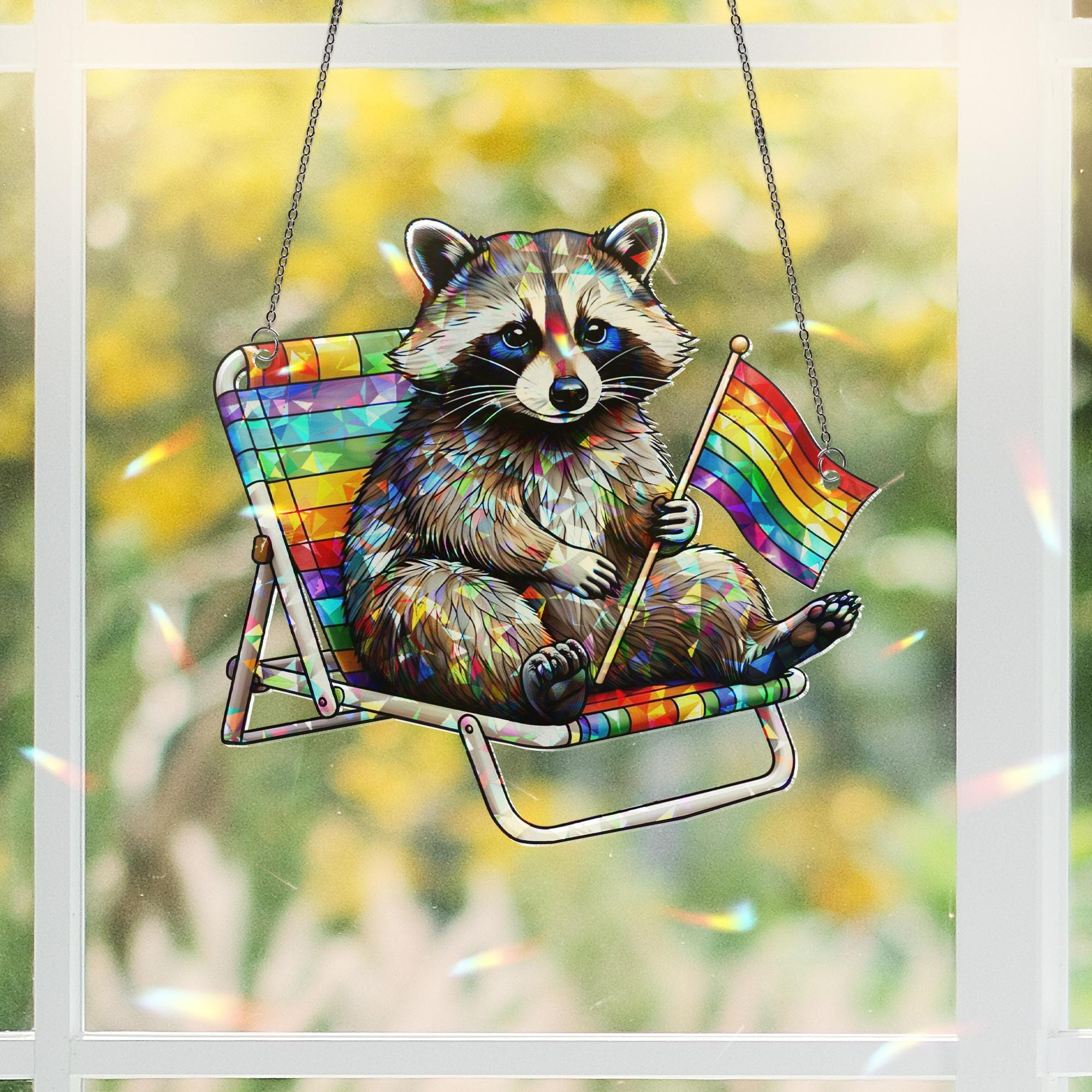 LGBT Pride Raccoon Acrylic Window Hanging – Rainbow Chair Suncatcher, Cute Summer LGBTQ+ Decor, Colorful Window Art Gift