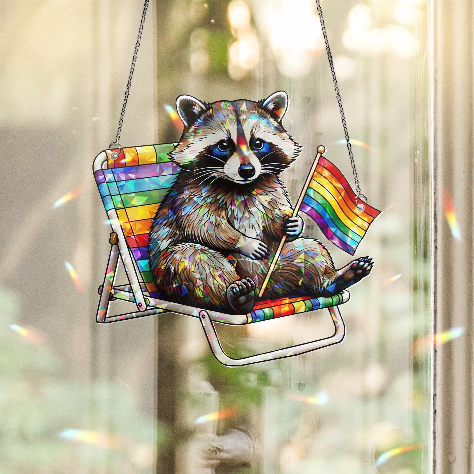 LGBT Pride Raccoon Acrylic Window Hanging – Rainbow Chair Suncatcher, Cute Summer LGBTQ+ Decor, Colorful Window Art Gift