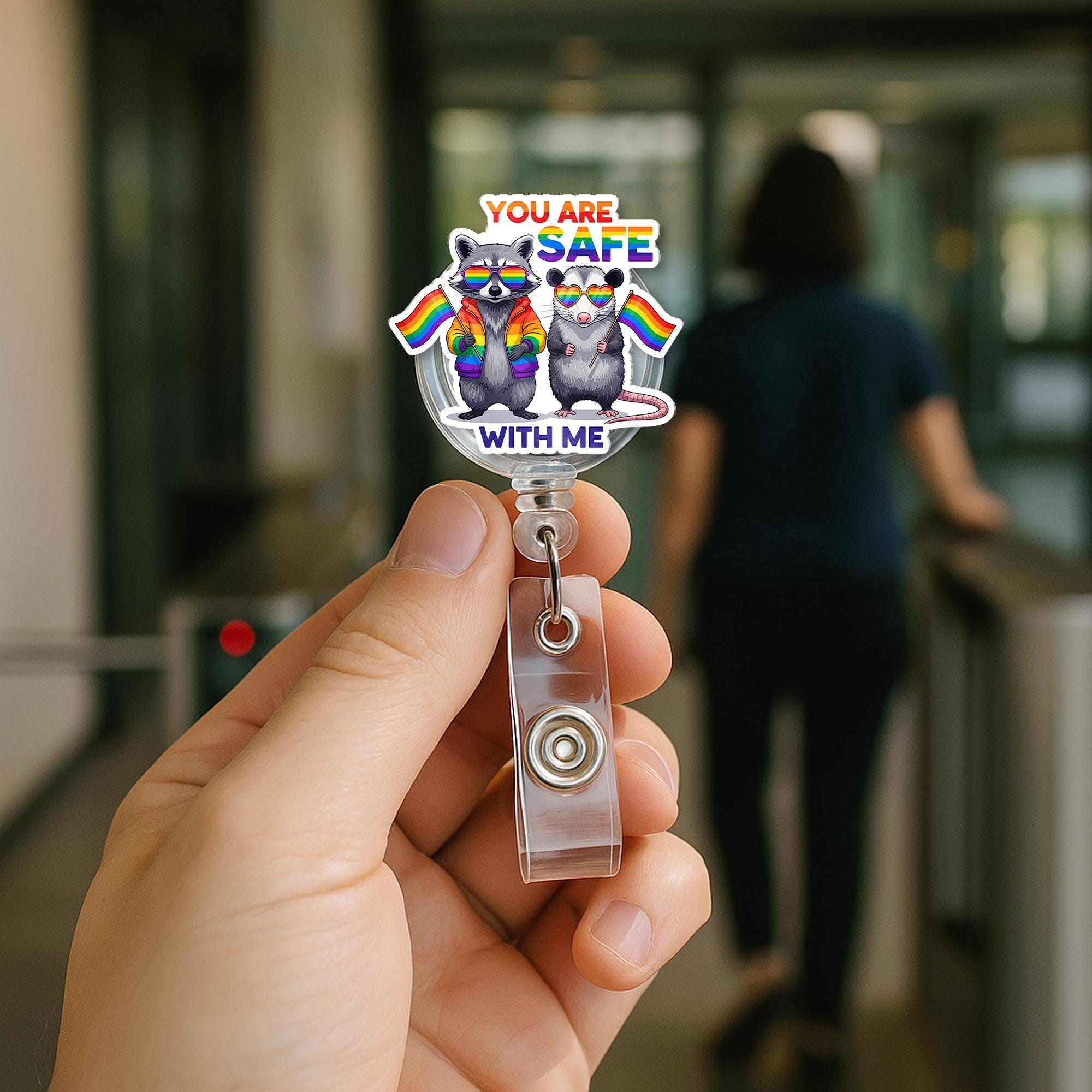 You Are Safe With Me Badge Reel – Cute LGBTQ+ Raccoon & Possum ID Holder, Pride Nurse Gift, Inclusive Office Accessory, Pride Month Gift