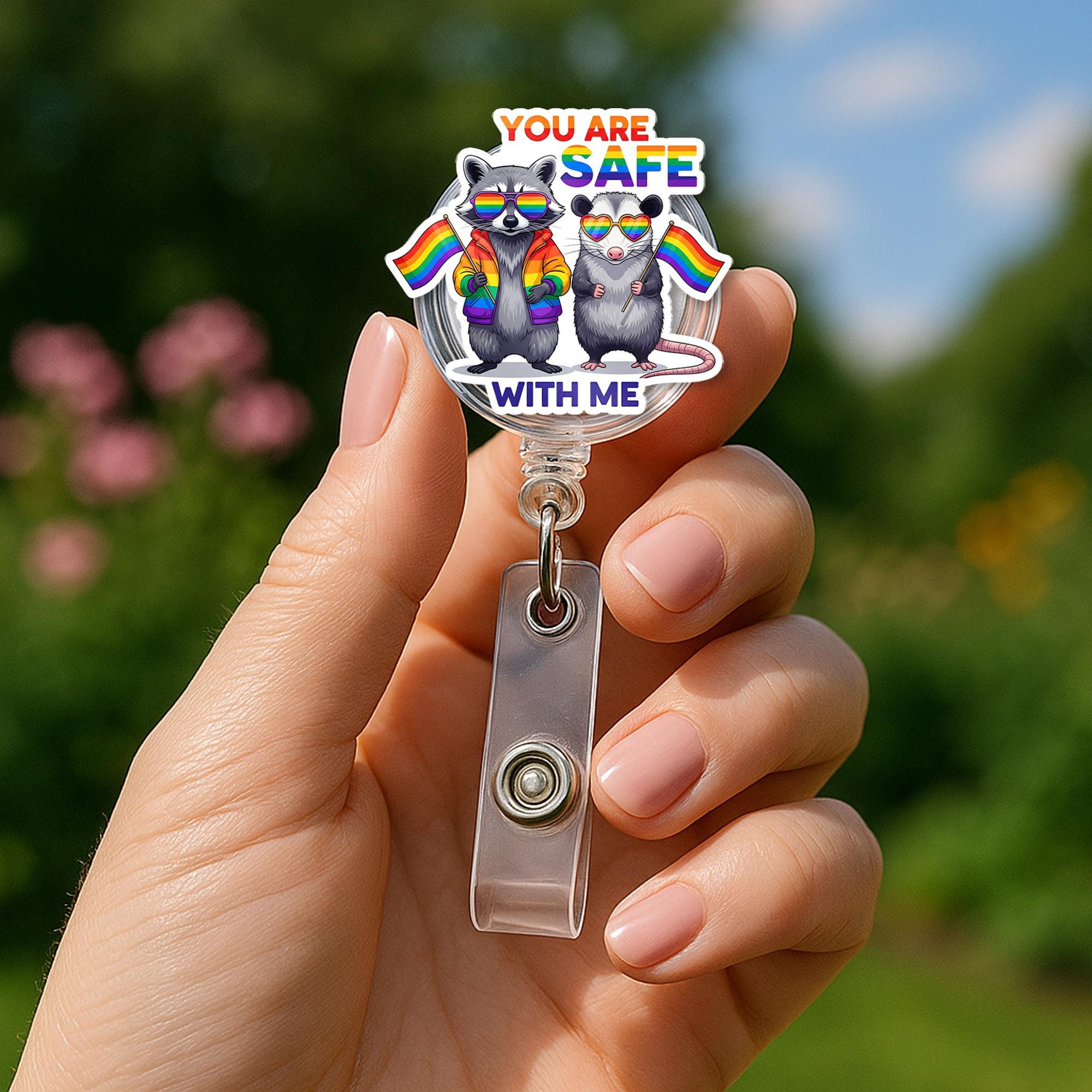 You Are Safe With Me Badge Reel – Cute LGBTQ+ Raccoon & Possum ID Holder, Pride Nurse Gift, Inclusive Office Accessory, Pride Month Gift