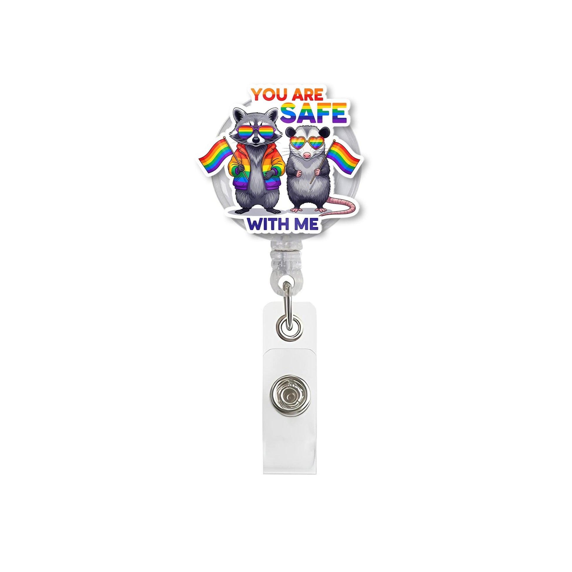 You Are Safe With Me Badge Reel – Cute LGBTQ+ Raccoon & Possum ID Holder, Pride Nurse Gift, Inclusive Office Accessory, Pride Month Gift