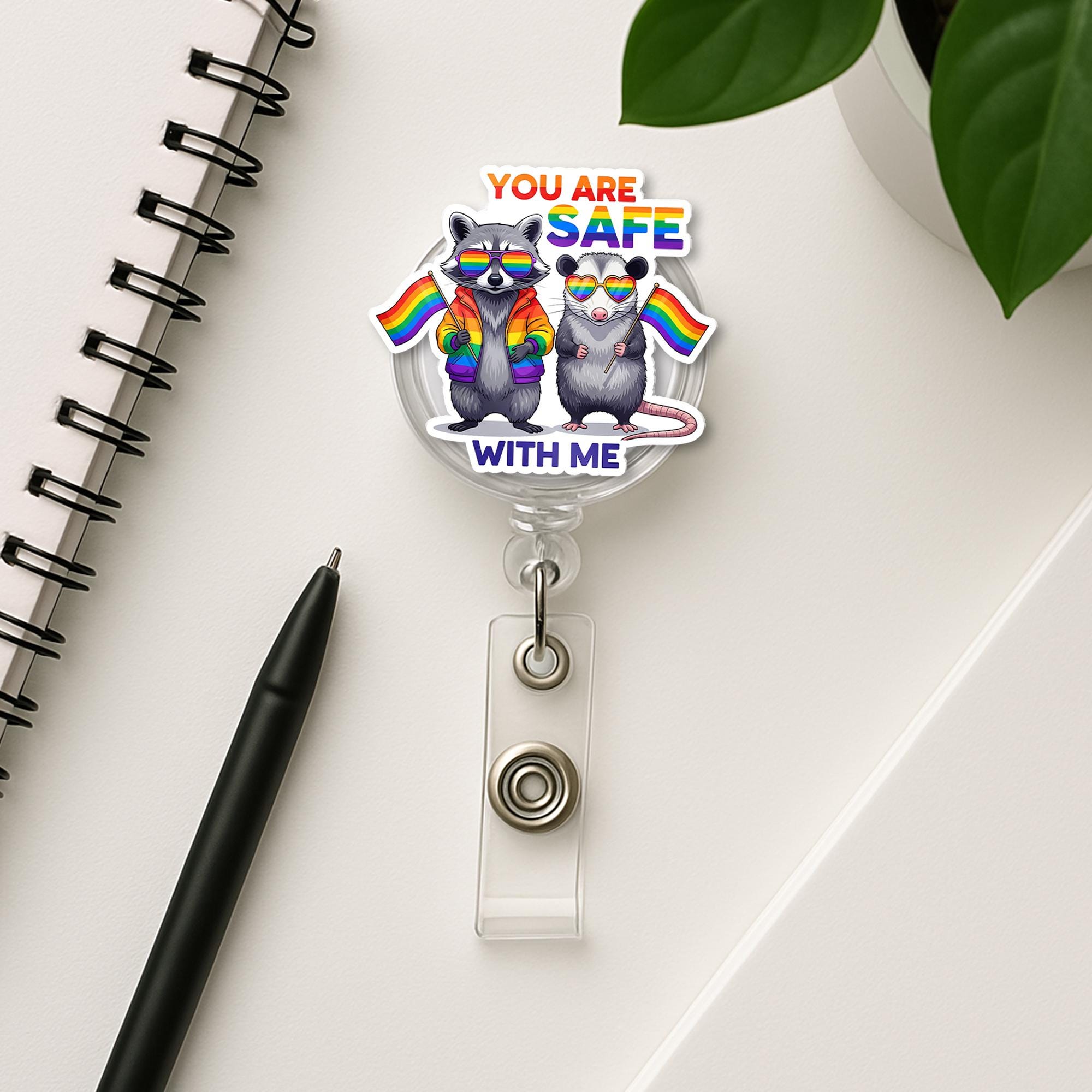 You Are Safe With Me Badge Reel – Cute LGBTQ+ Raccoon & Possum ID Holder, Pride Nurse Gift, Inclusive Office Accessory, Pride Month Gift