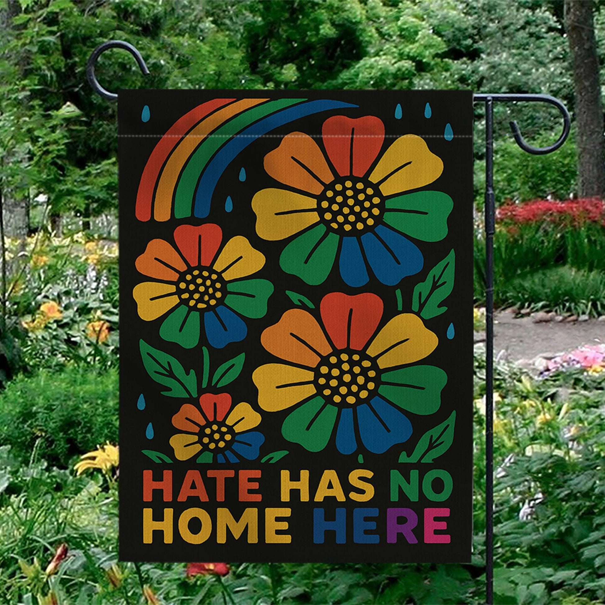 Hate Has No Home Here Garden Flag | Rainbow Floral Inclusive Yard Banner | LGBTQ+ Pride Outdoor Decor | Kindness Porch Sign