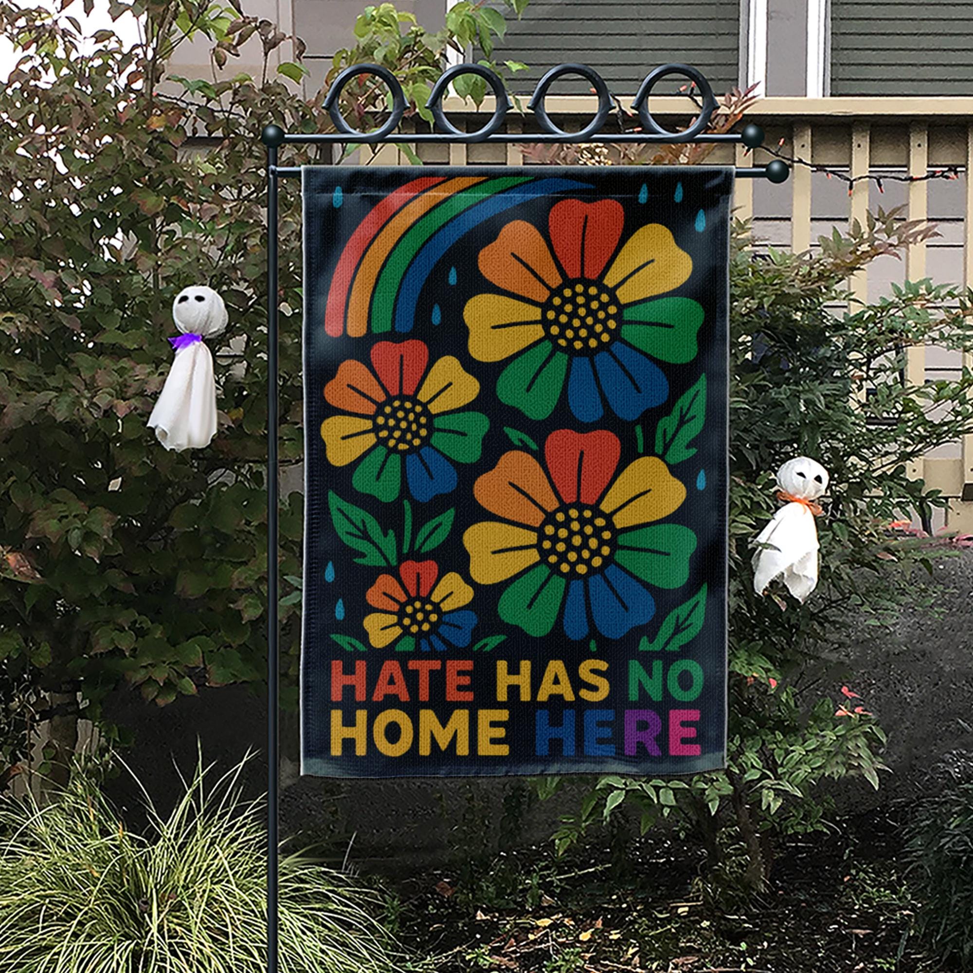Hate Has No Home Here Garden Flag | Rainbow Floral Inclusive Yard Banner | LGBTQ+ Pride Outdoor Decor | Kindness Porch Sign