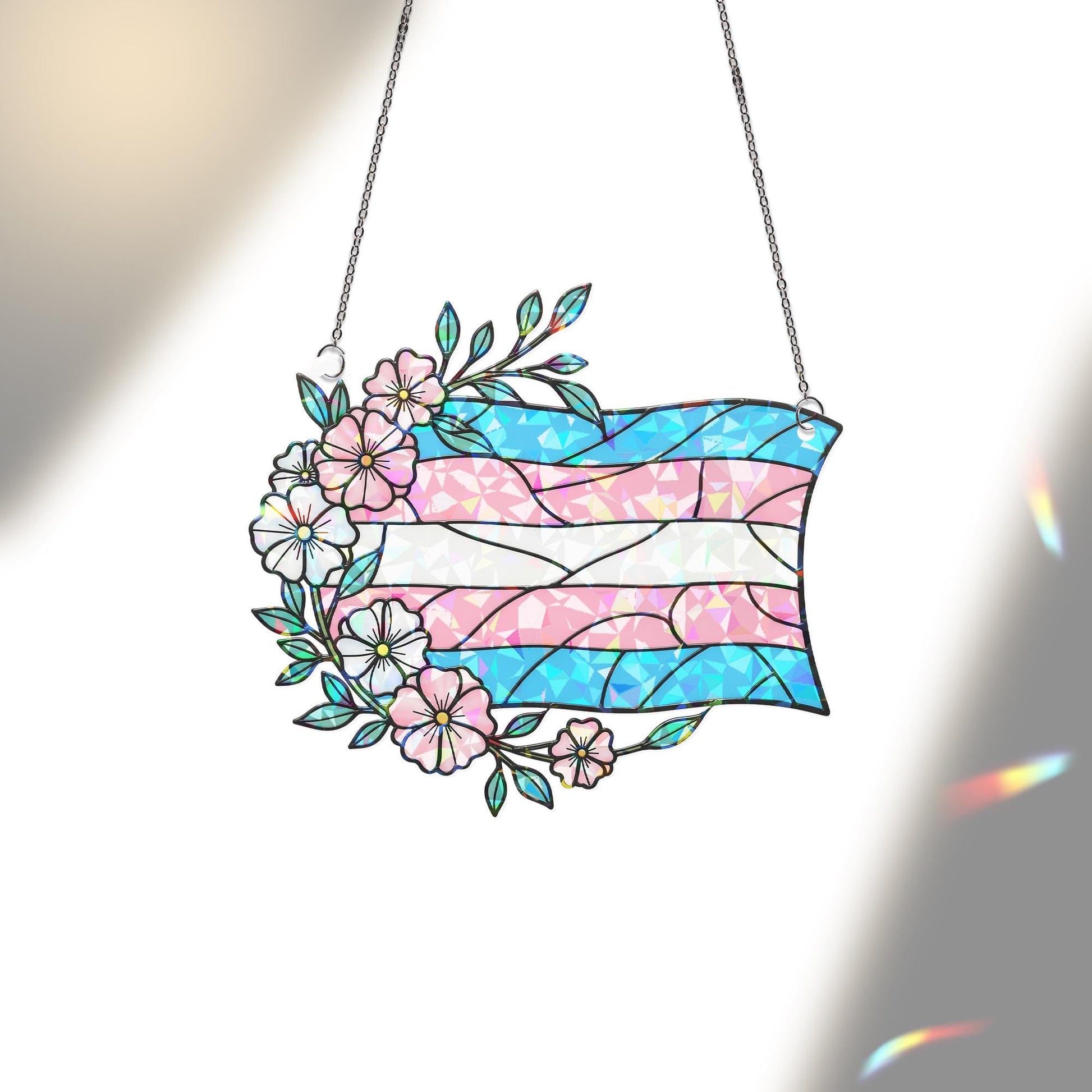 Trans Pride Acrylic Window Hanging – Floral Transgender Flag Suncatcher, LGBTQ+ Window Decor, Inclusive Pride Gift for Home