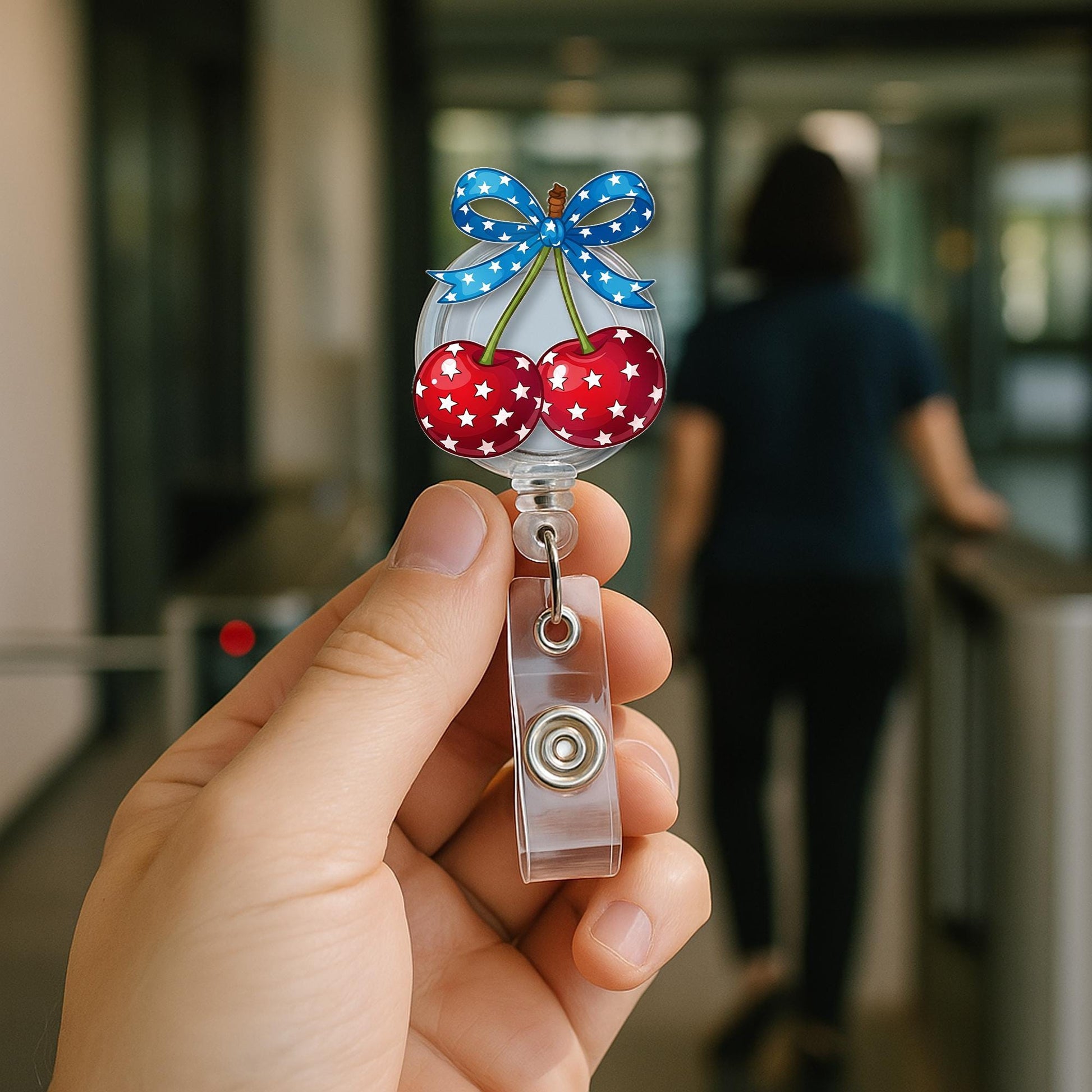 Patriotic Cherry Badge Reel – 4th of July ID Holder, Nurse Gift, Cute Red White Blue Star Clip, Independence Day Office Accessory