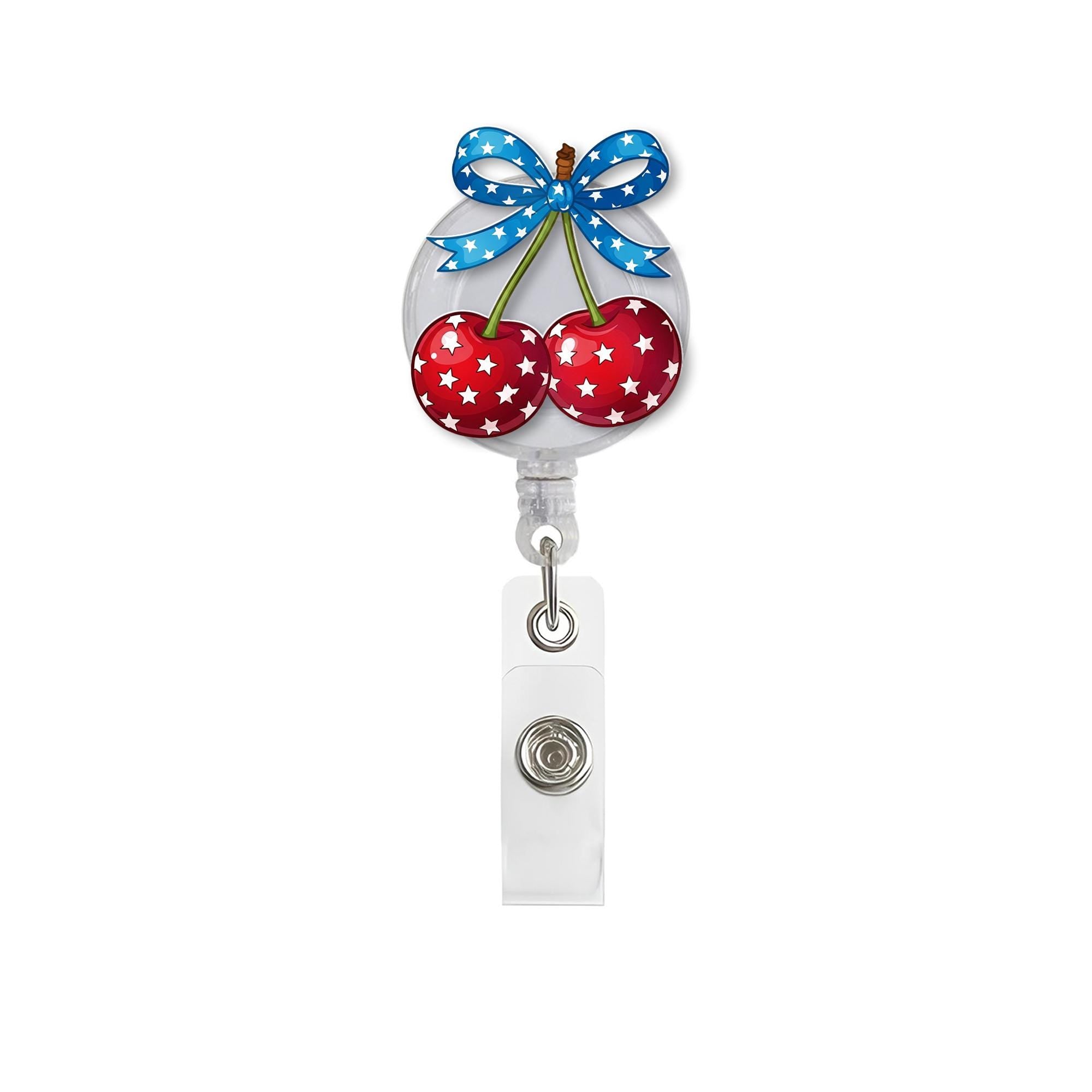 Patriotic Cherry Badge Reel – 4th of July ID Holder, Nurse Gift, Cute Red White Blue Star Clip, Independence Day Office Accessory