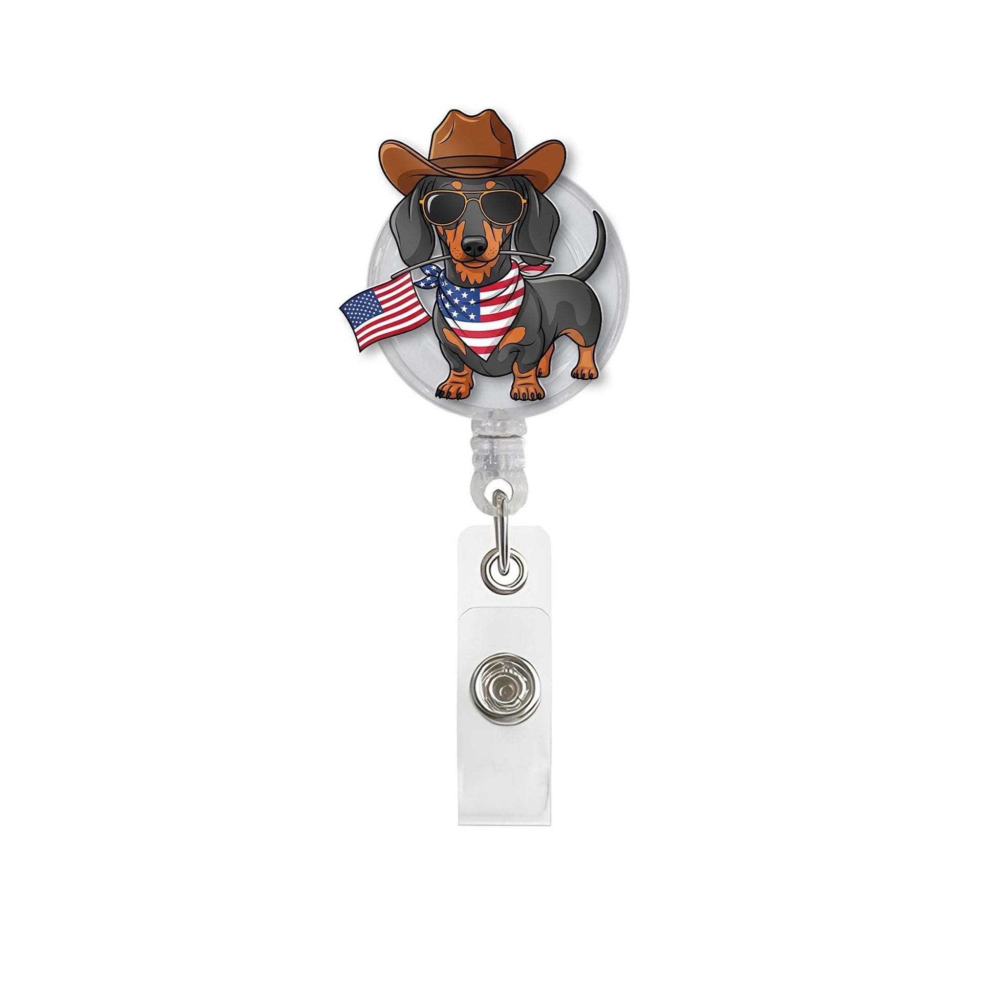 Patriotic Dachshund Badge Reel – Cowboy Dog ID Holder, 4th of July Nurse Gift, USA Flag Clip for Vet Techs, Teachers, Dog Lovers