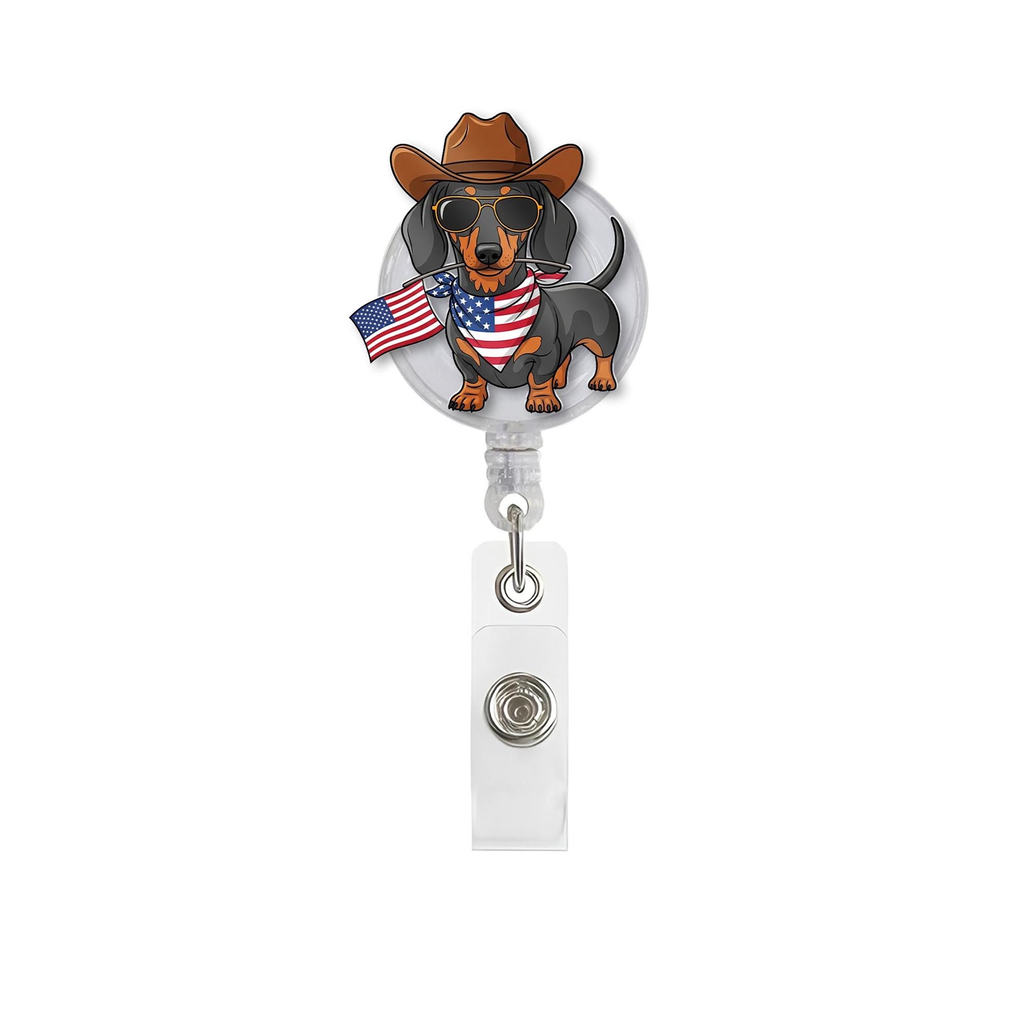 Patriotic Dachshund Badge Reel – Cowboy Dog ID Holder, 4th of July Nurse Gift, USA Flag Clip for Vet Techs, Teachers, Dog Lovers