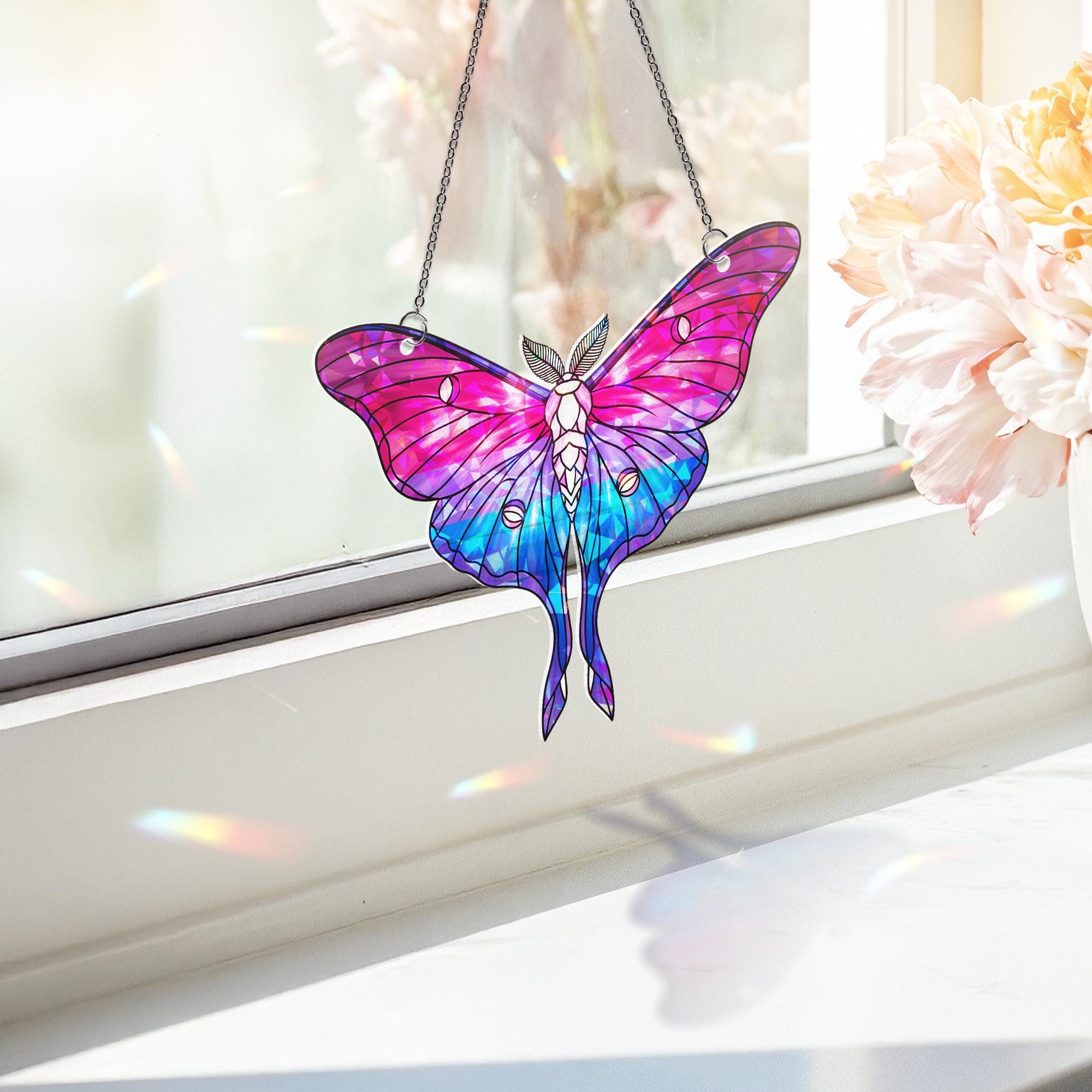 Bisexual Luna Moth Suncatcher | Holographic Acrylic Bi Pride Window Decor | Queer Cottagecore Sun Catcher | LGBTQ+ Gift Idea