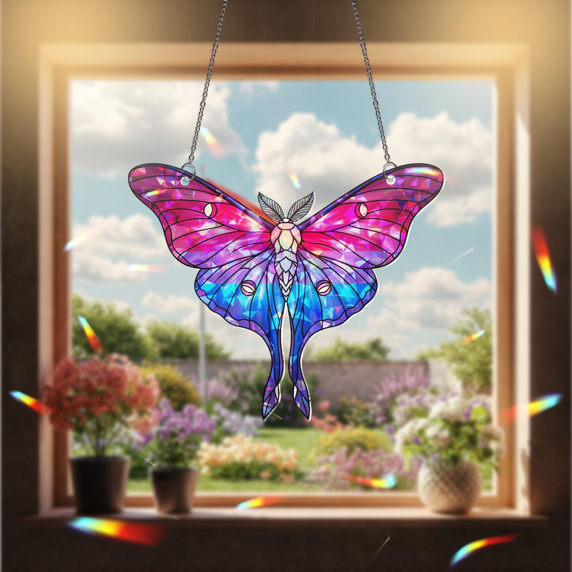 Bisexual Luna Moth Suncatcher | Holographic Acrylic Bi Pride Window Decor | Queer Cottagecore Sun Catcher | LGBTQ+ Gift Idea
