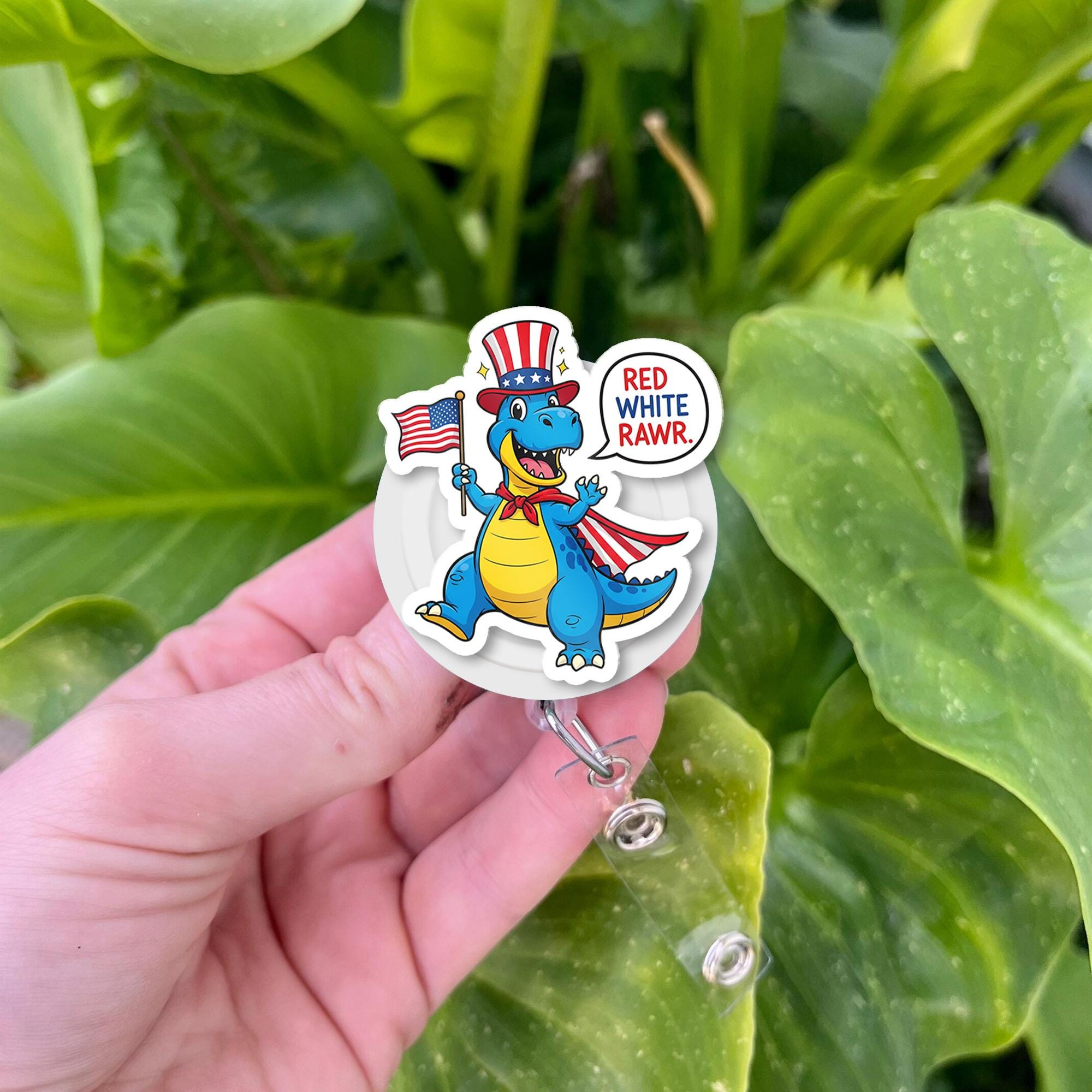 Patriotic Dinosaur Badge Reel – Red White Rawr ID Clip, 4th of July Nurse Gift, Cute Dino Badge Holder for Teachers, Vet Techs, Staff