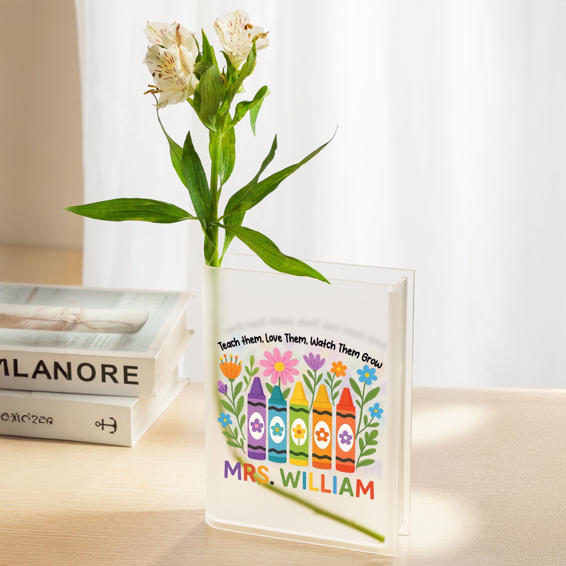 Custom Teacher Acrylic Book Vase | Personalized Crayon Floral Gift | End of Year Classroom Decor | Teacher Appreciation Present