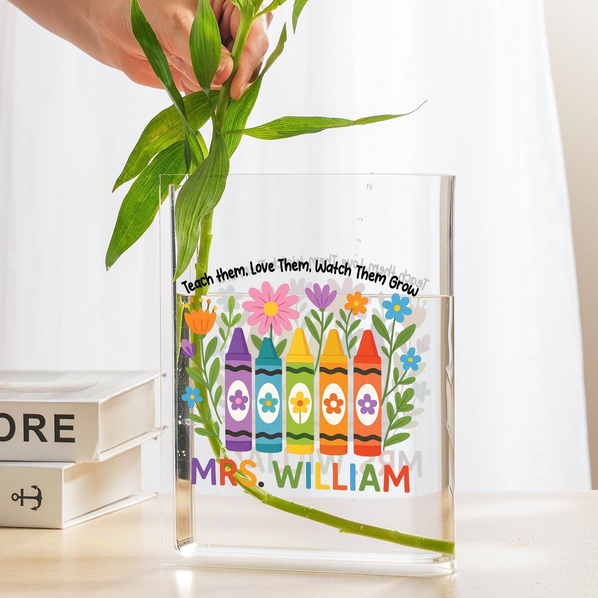 Custom Teacher Acrylic Book Vase | Personalized Crayon Floral Gift | End of Year Classroom Decor | Teacher Appreciation Present