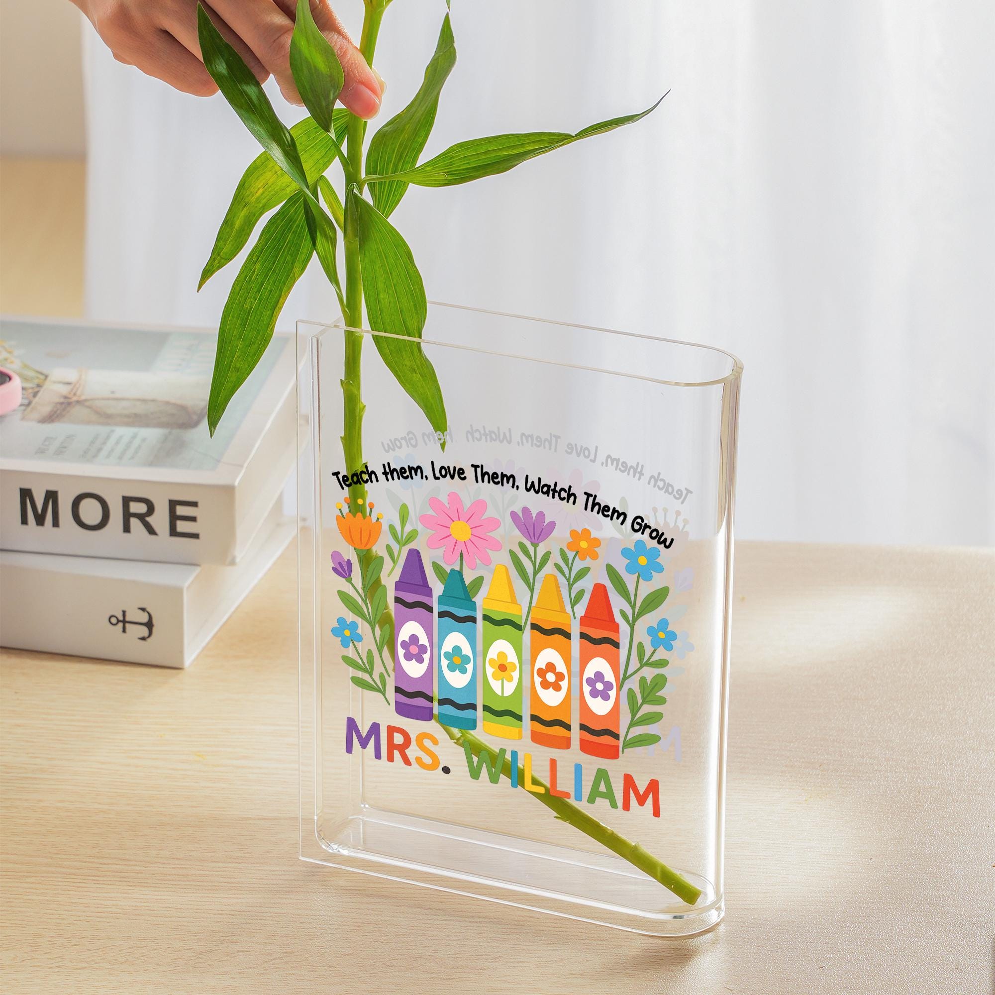 Custom Teacher Acrylic Book Vase | Personalized Crayon Floral Gift | End of Year Classroom Decor | Teacher Appreciation Present