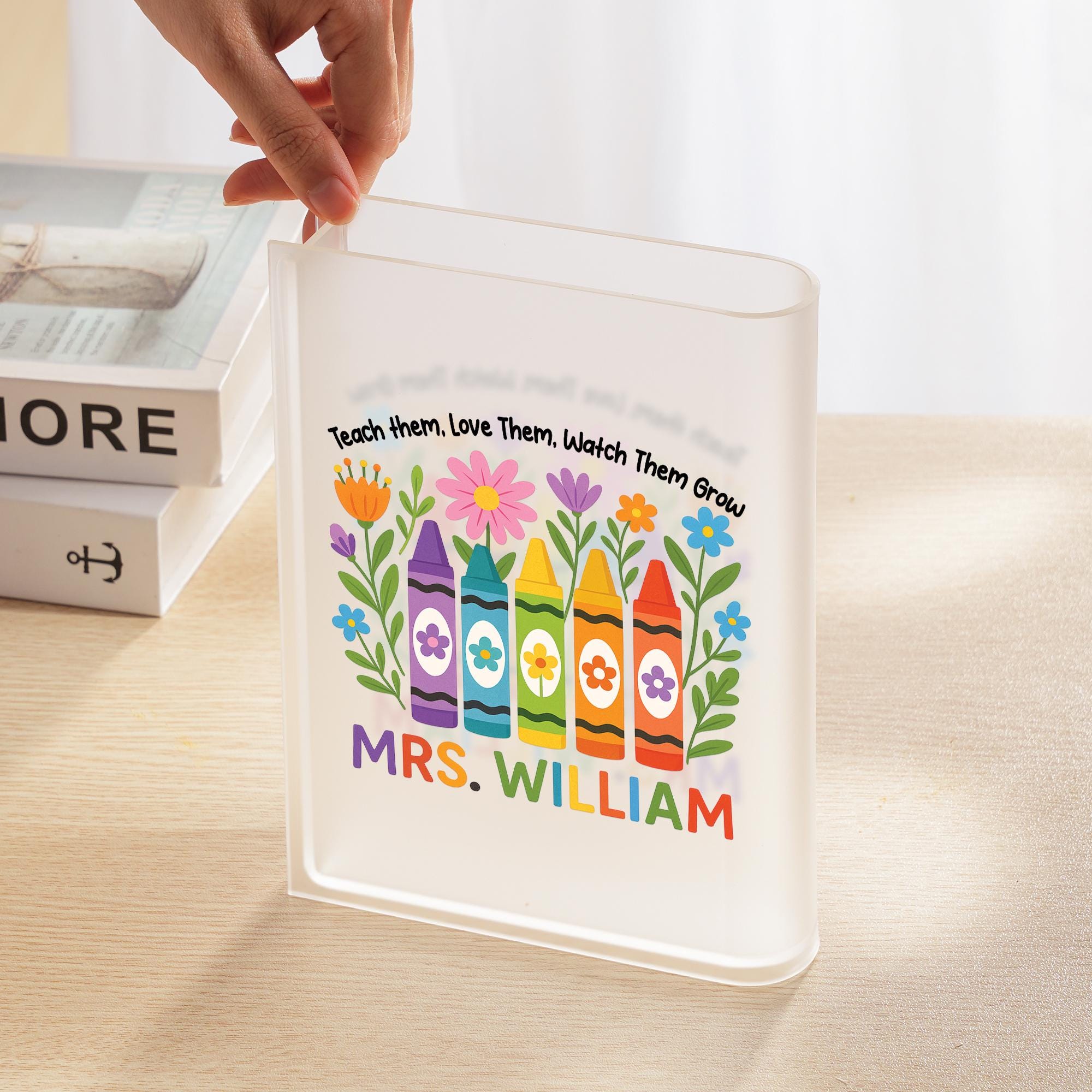 Custom Teacher Acrylic Book Vase | Personalized Crayon Floral Gift | End of Year Classroom Decor | Teacher Appreciation Present