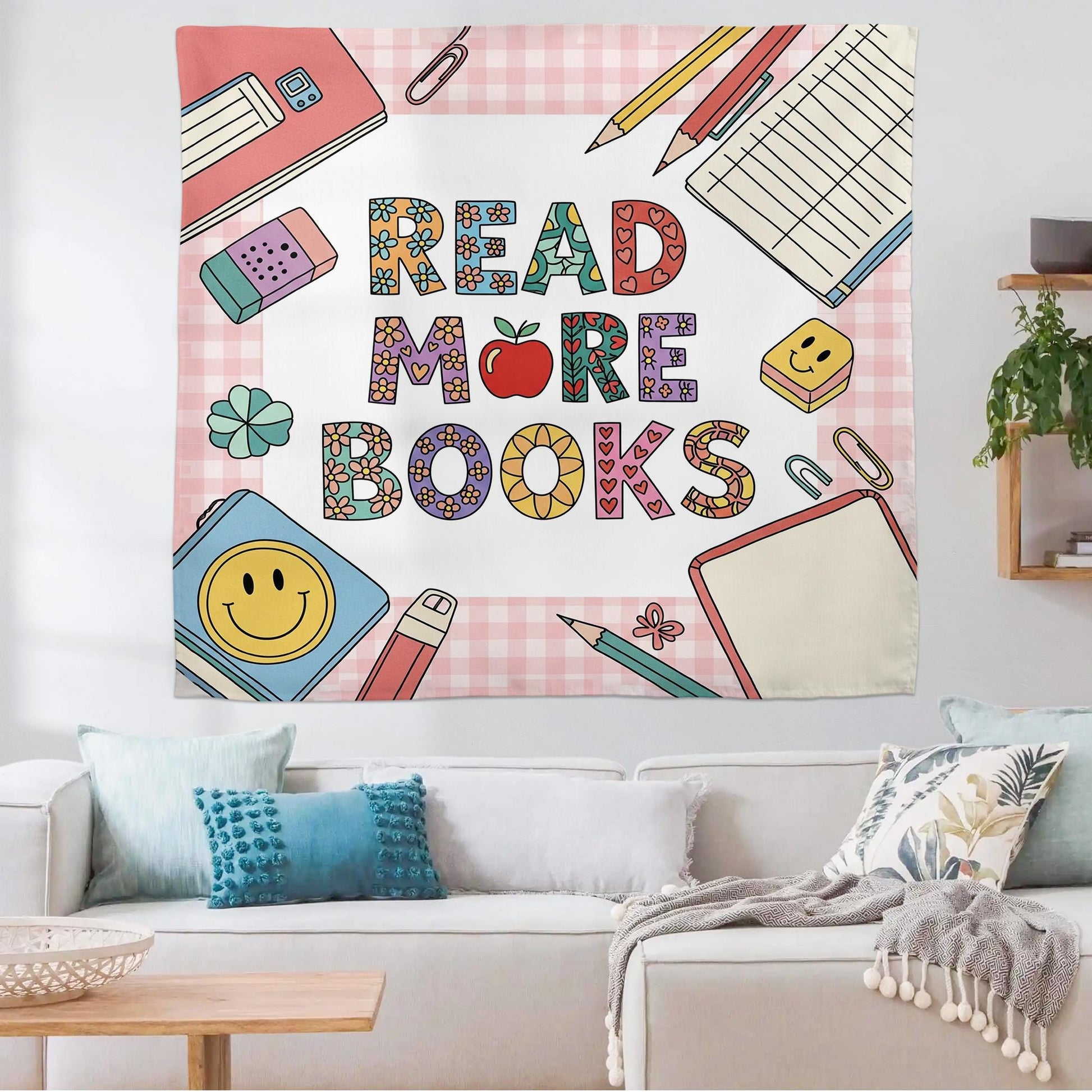 Retro Read More Books Tapestry, Cute Back to School Dorm Wall Decor, Vintage Library Aesthetic, Cozy Book Lover Gift, Back To School