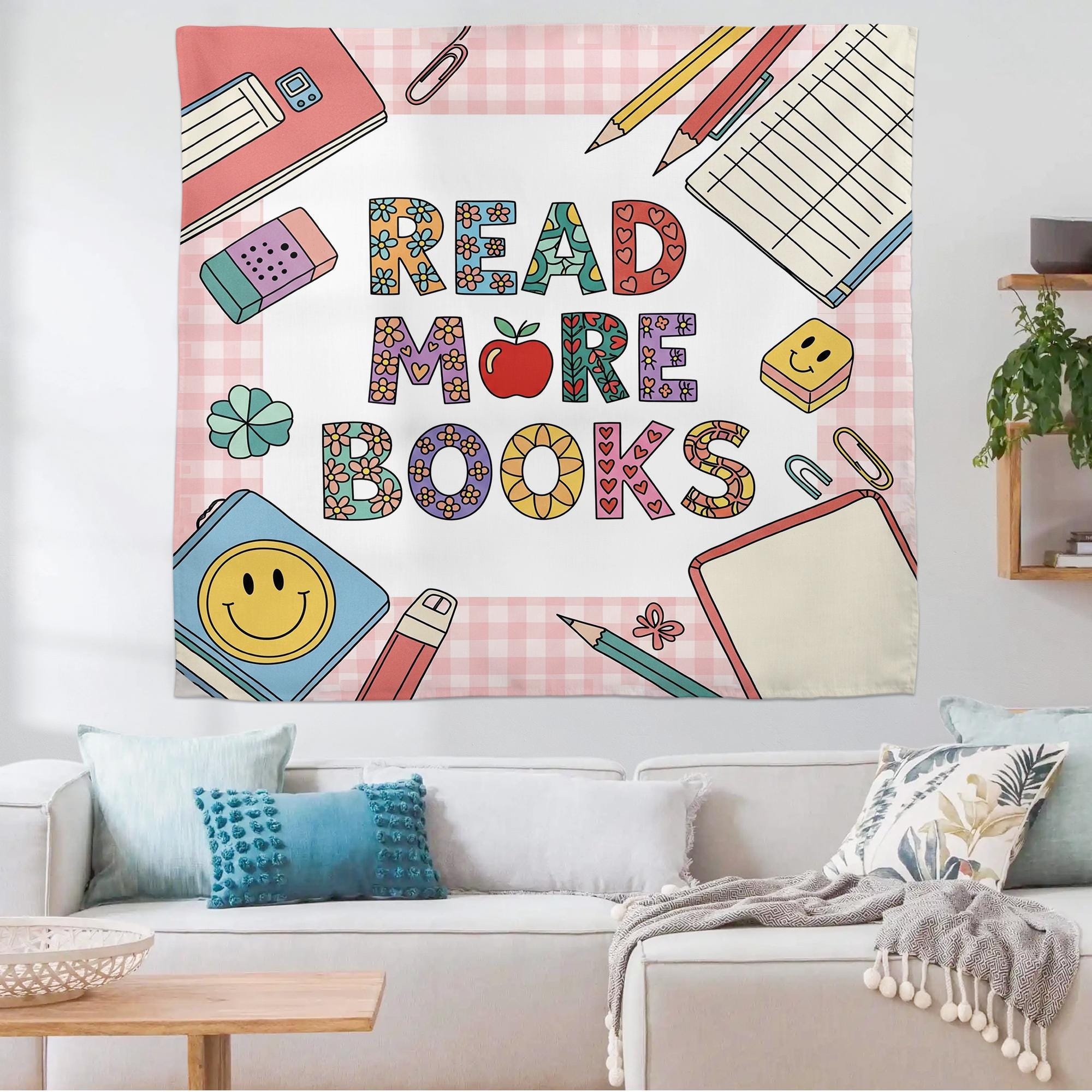 Retro Read More Books Tapestry, Cute Back to School Dorm Wall Decor, Vintage Library Aesthetic, Cozy Book Lover Gift, Back To School