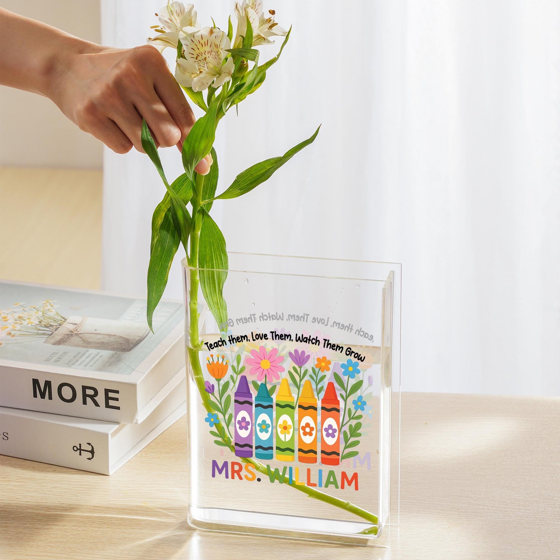 Custom Teacher Acrylic Book Vase | Personalized Crayon Floral Gift | End of Year Classroom Decor | Teacher Appreciation Present