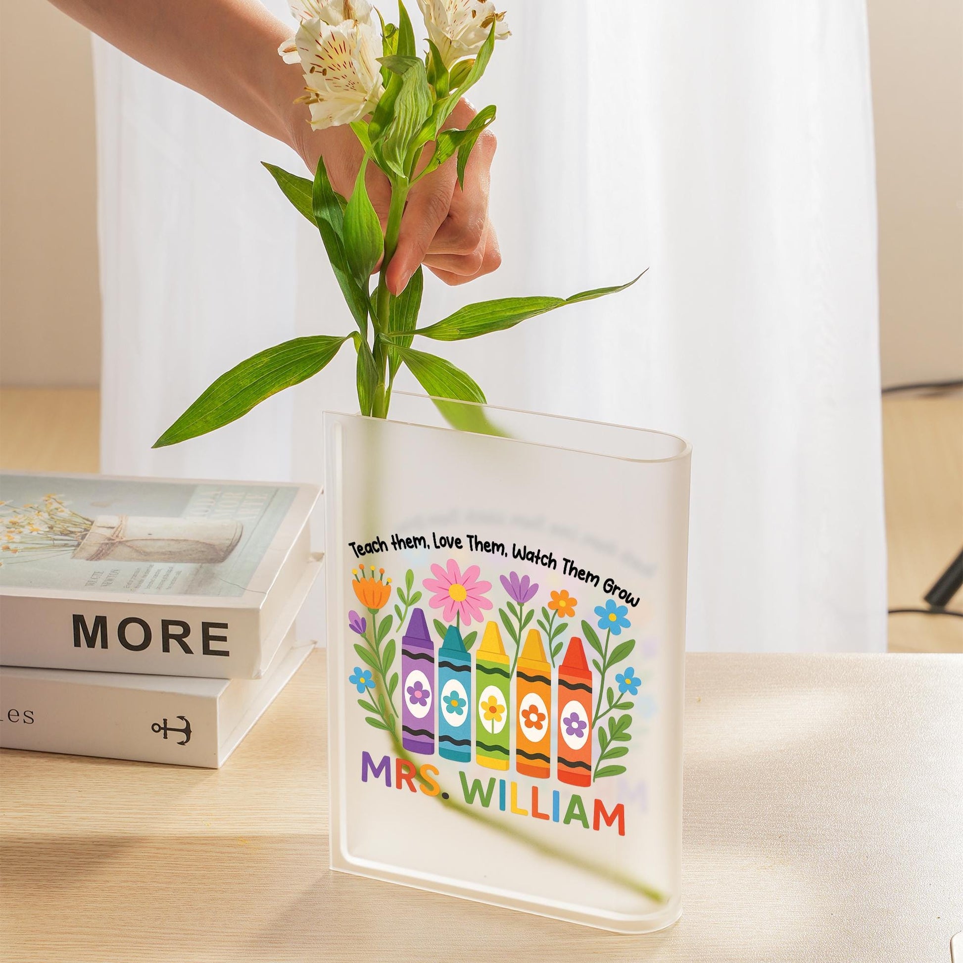 Custom Teacher Acrylic Book Vase | Personalized Crayon Floral Gift | End of Year Classroom Decor | Teacher Appreciation Present