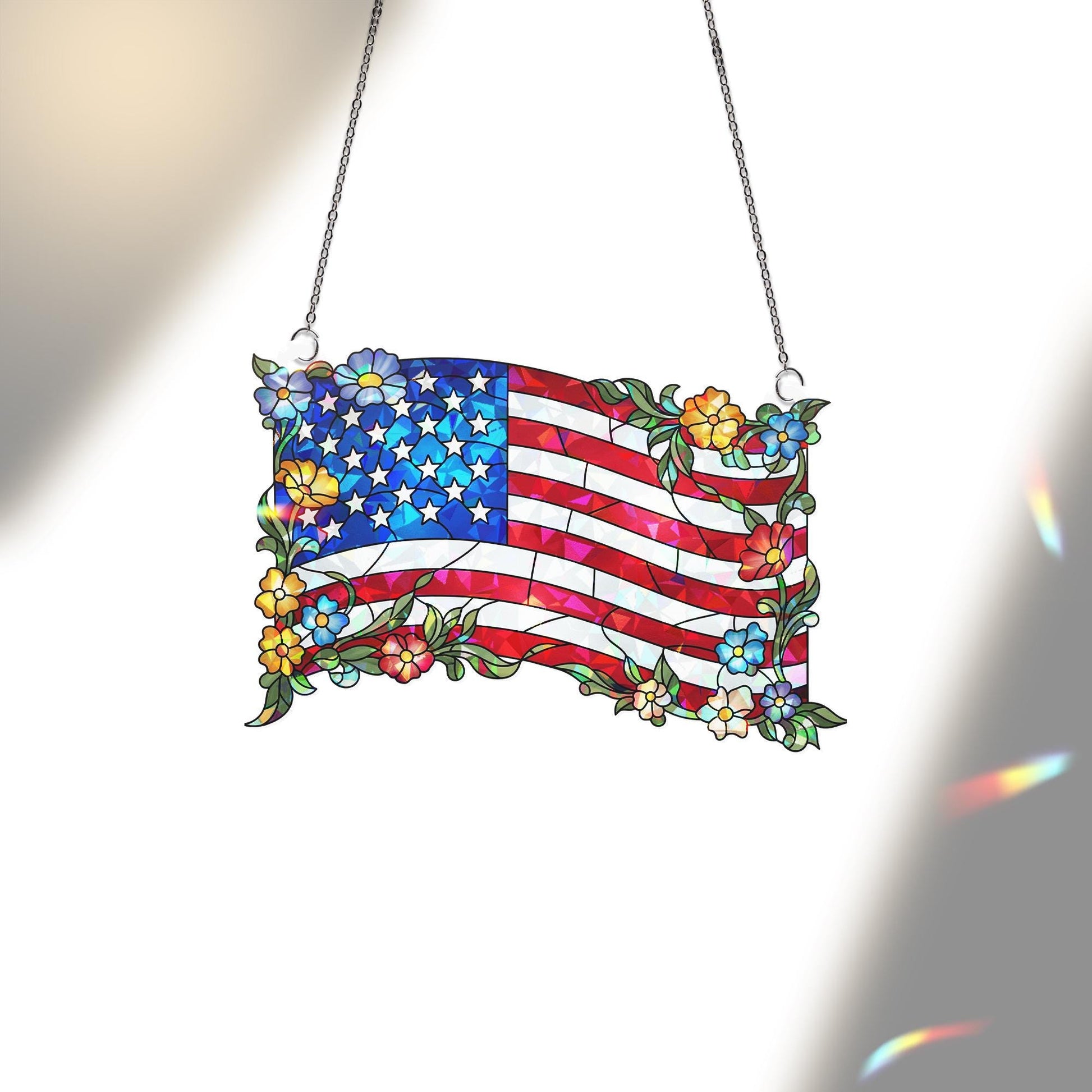 Patriotic Floral American Flag Acrylic Window Hanging – 4th of July Suncatcher, USA Independence Day Window Decor, Red White Blue Gift