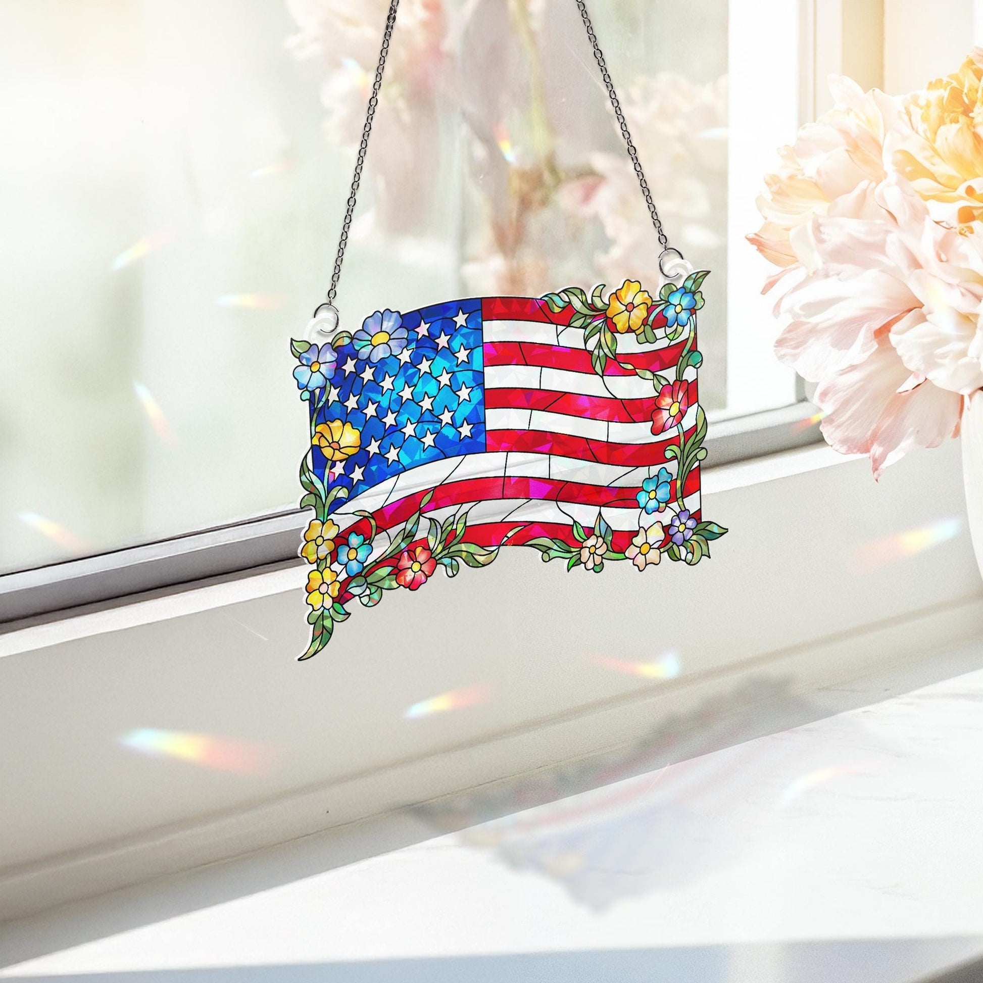 Patriotic Floral American Flag Acrylic Window Hanging – 4th of July Suncatcher, USA Independence Day Window Decor, Red White Blue Gift