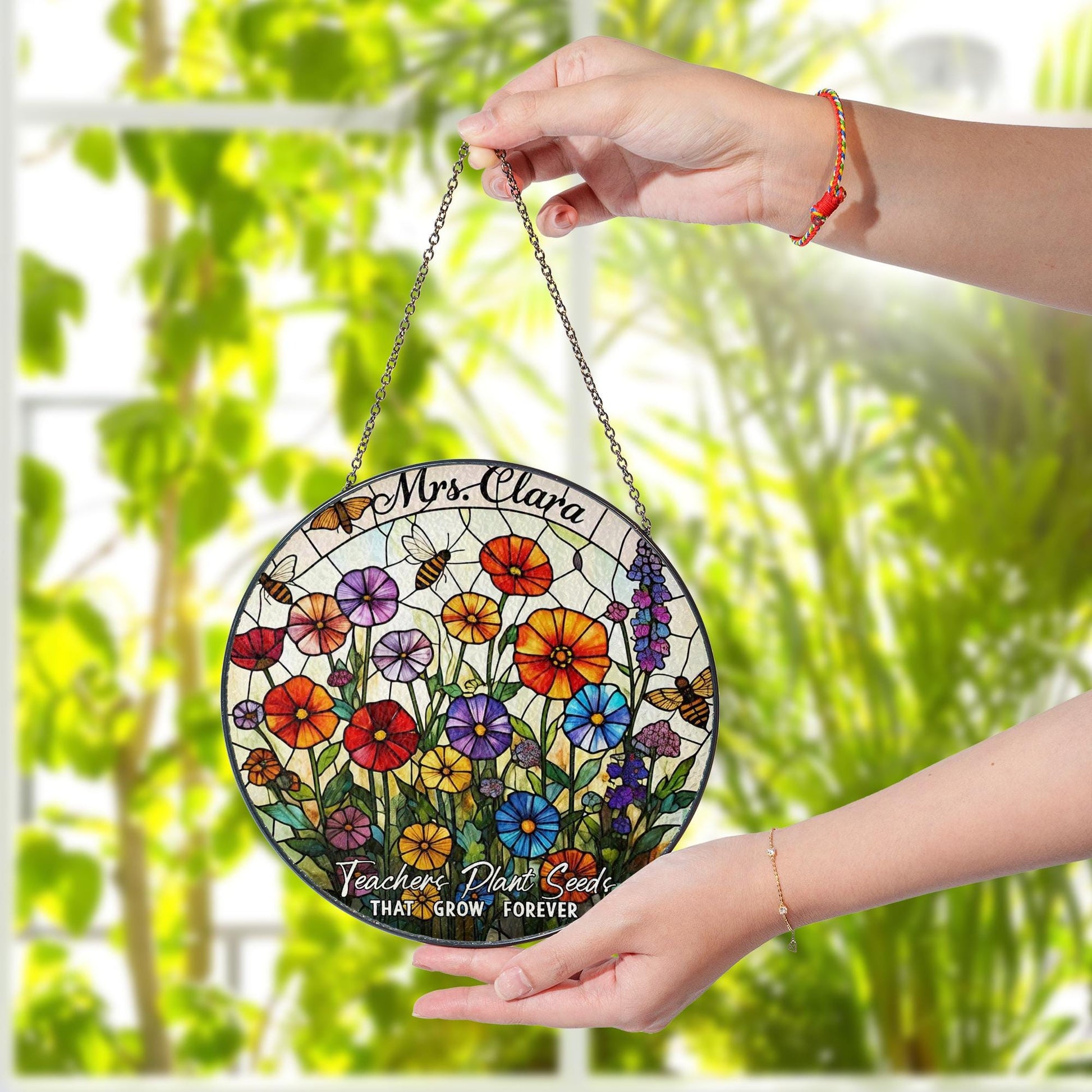 Custom Teacher Suncatcher Gift | Floral Glass Look Window Decor | “Teachers Plant Seeds” Personalized Thank You Keepsake