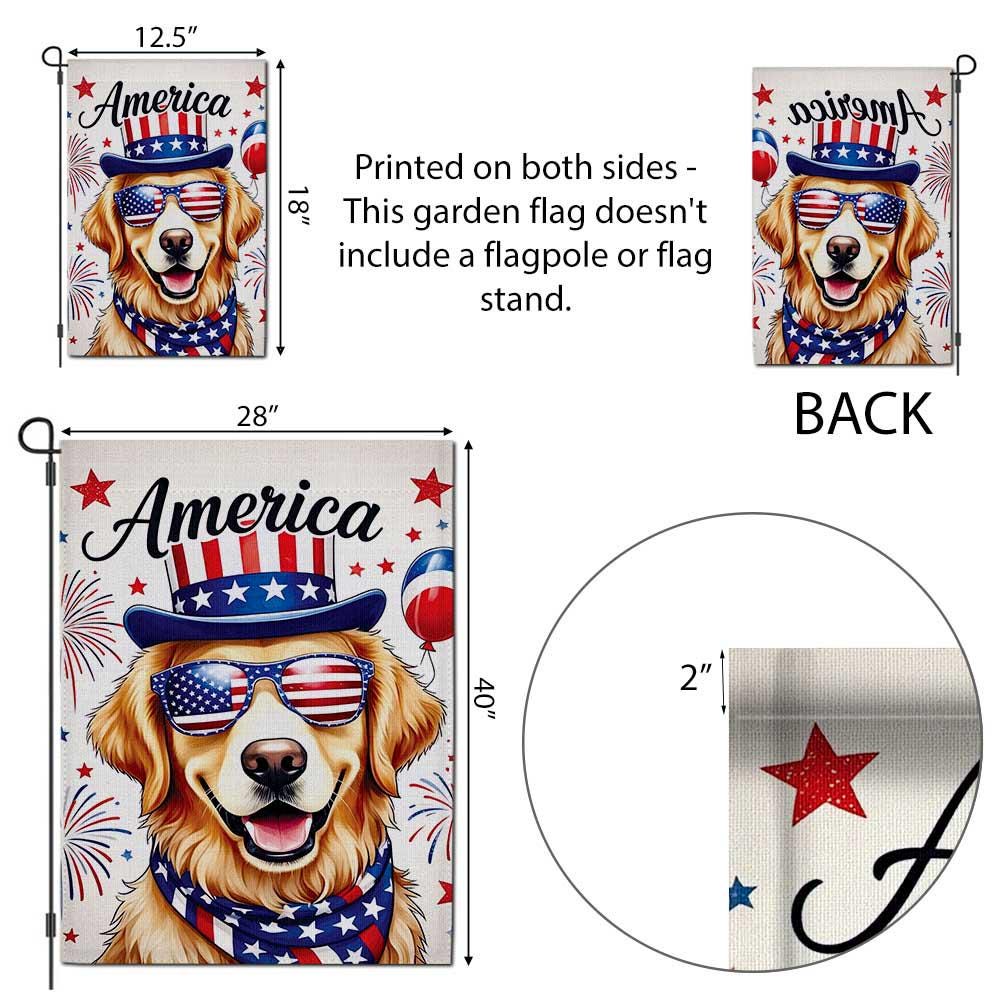 4th of July Patriotic Dog Garden Flag – Golden Retriever with USA Hat & Sunglasses, Independence Day Yard Decor, America Flag