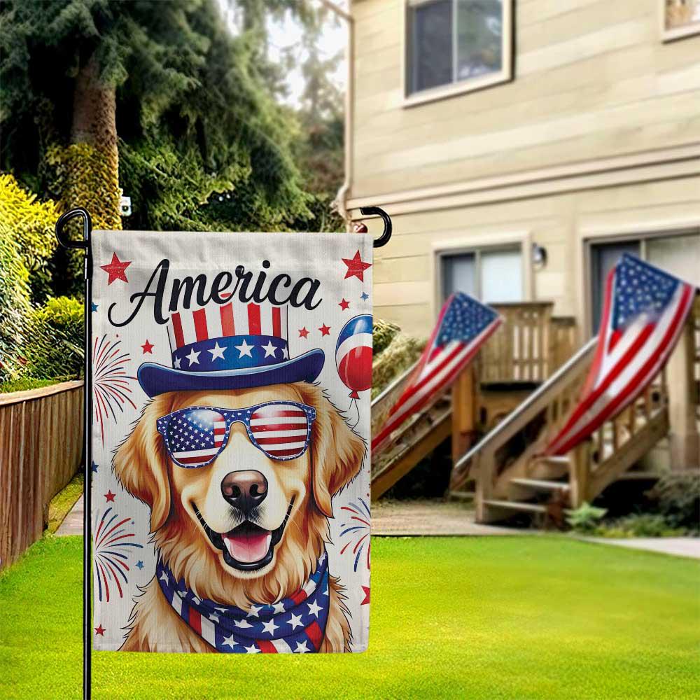 4th of July Patriotic Dog Garden Flag – Golden Retriever with USA Hat & Sunglasses, Independence Day Yard Decor, America Flag