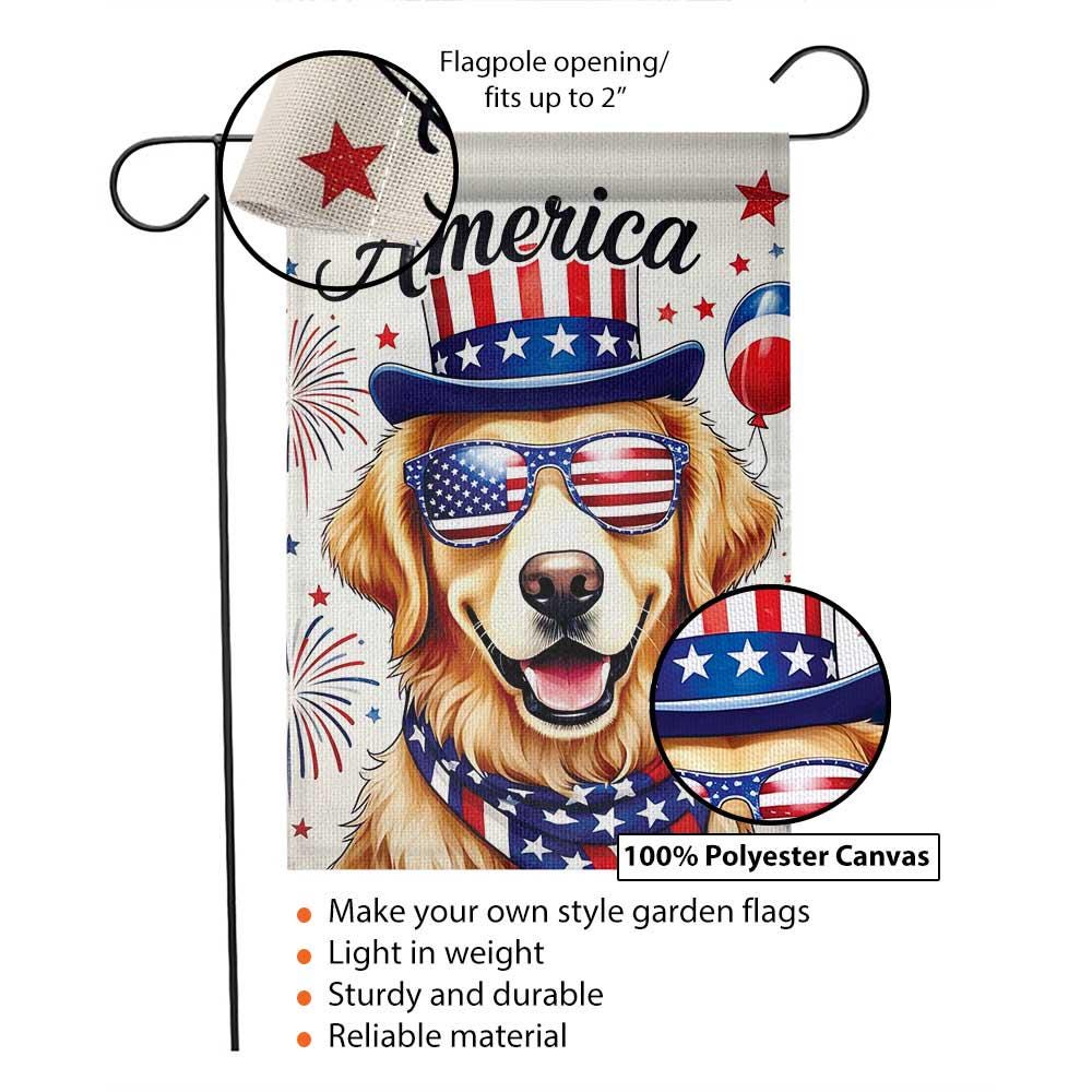 4th of July Patriotic Dog Garden Flag – Golden Retriever with USA Hat & Sunglasses, Independence Day Yard Decor, America Flag