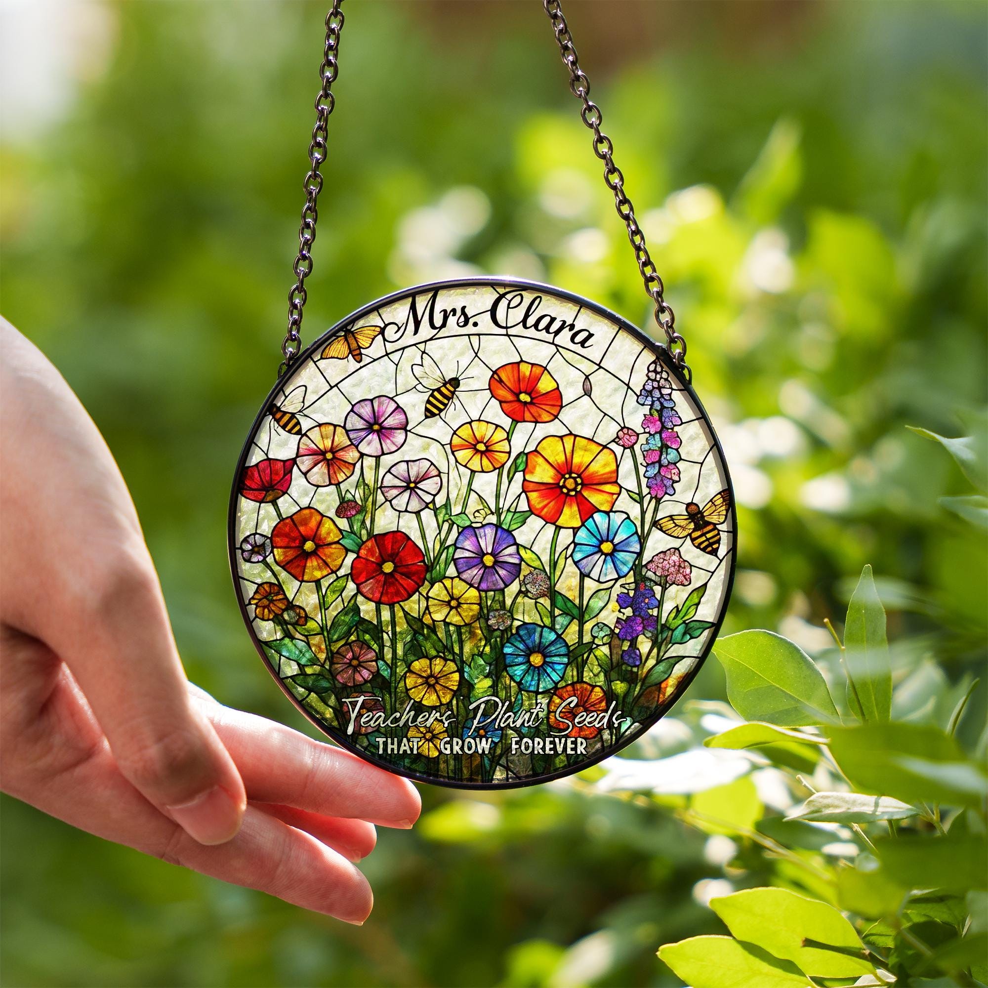 Custom Teacher Suncatcher Gift | Floral Glass Look Window Decor | “Teachers Plant Seeds” Personalized Thank You Keepsake