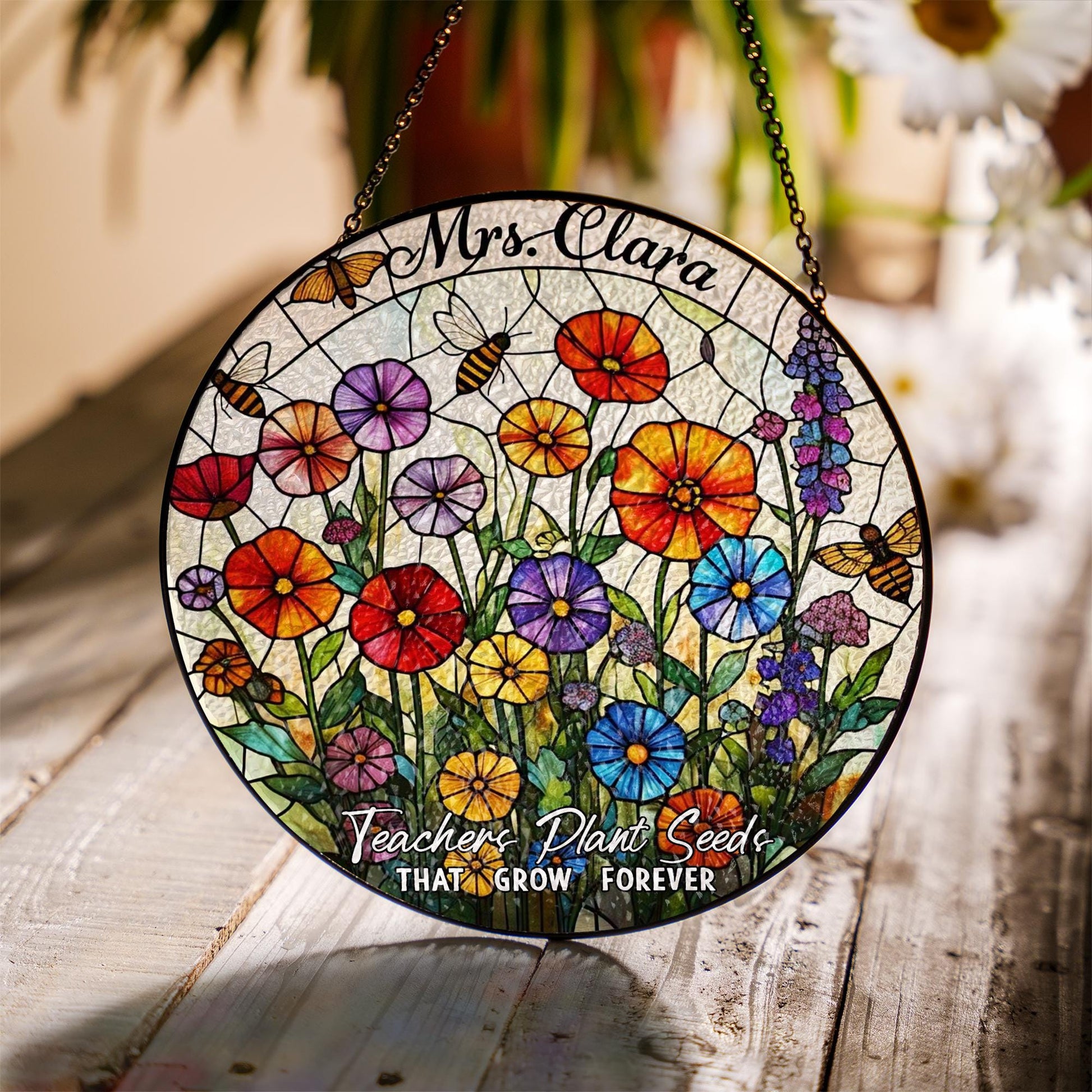 Custom Teacher Suncatcher Gift | Floral Glass Look Window Decor | “Teachers Plant Seeds” Personalized Thank You Keepsake