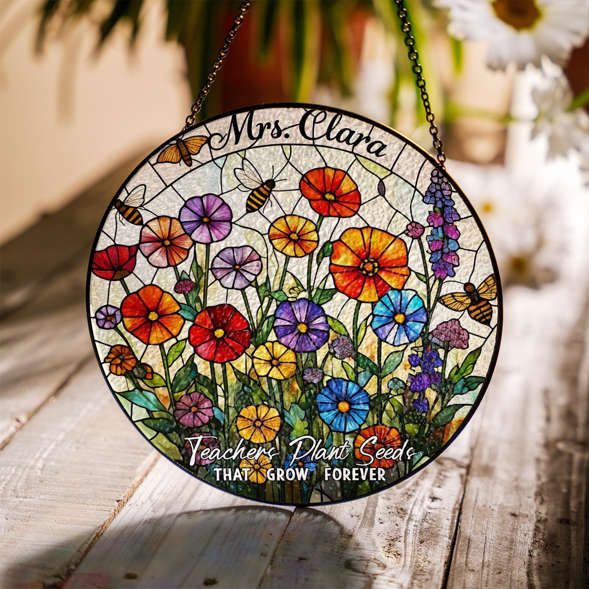 Custom Teacher Suncatcher Gift | Floral Glass Look Window Decor | “Teachers Plant Seeds” Personalized Thank You Keepsake