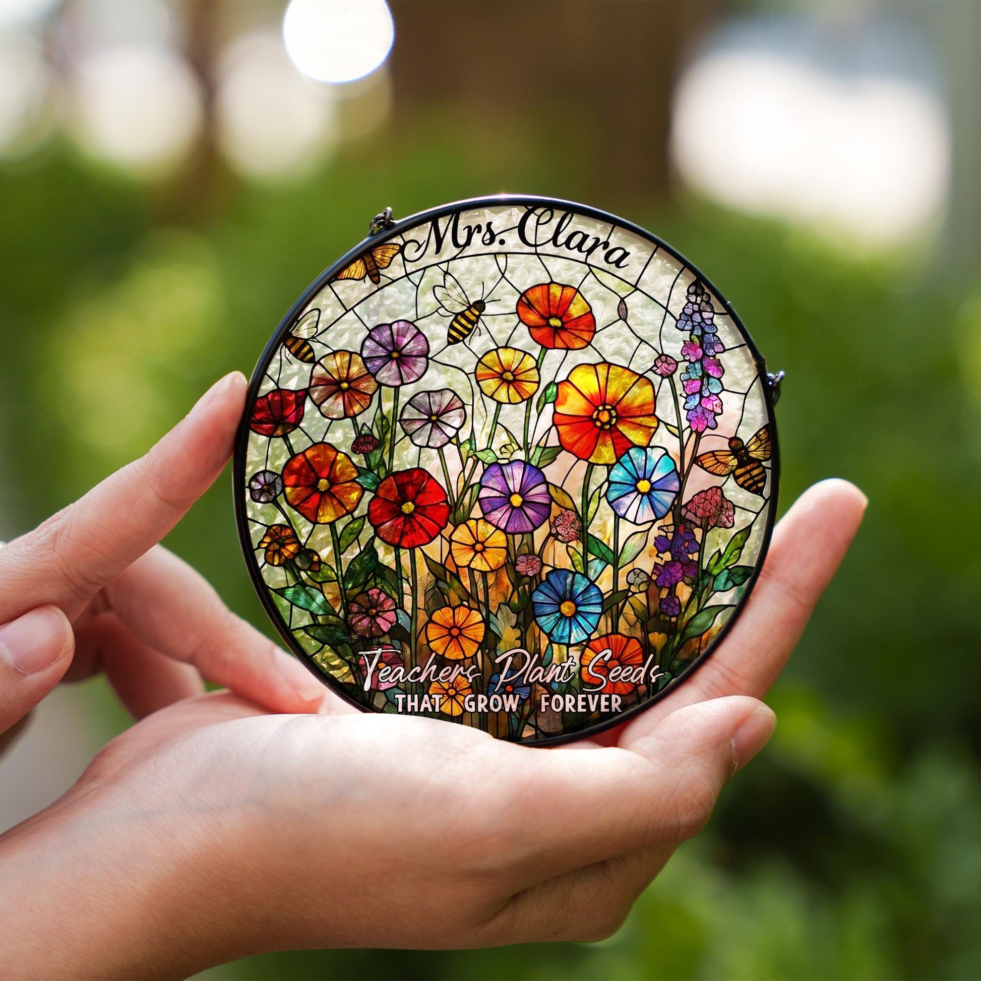 Custom Teacher Suncatcher Gift | Floral Glass Look Window Decor | “Teachers Plant Seeds” Personalized Thank You Keepsake