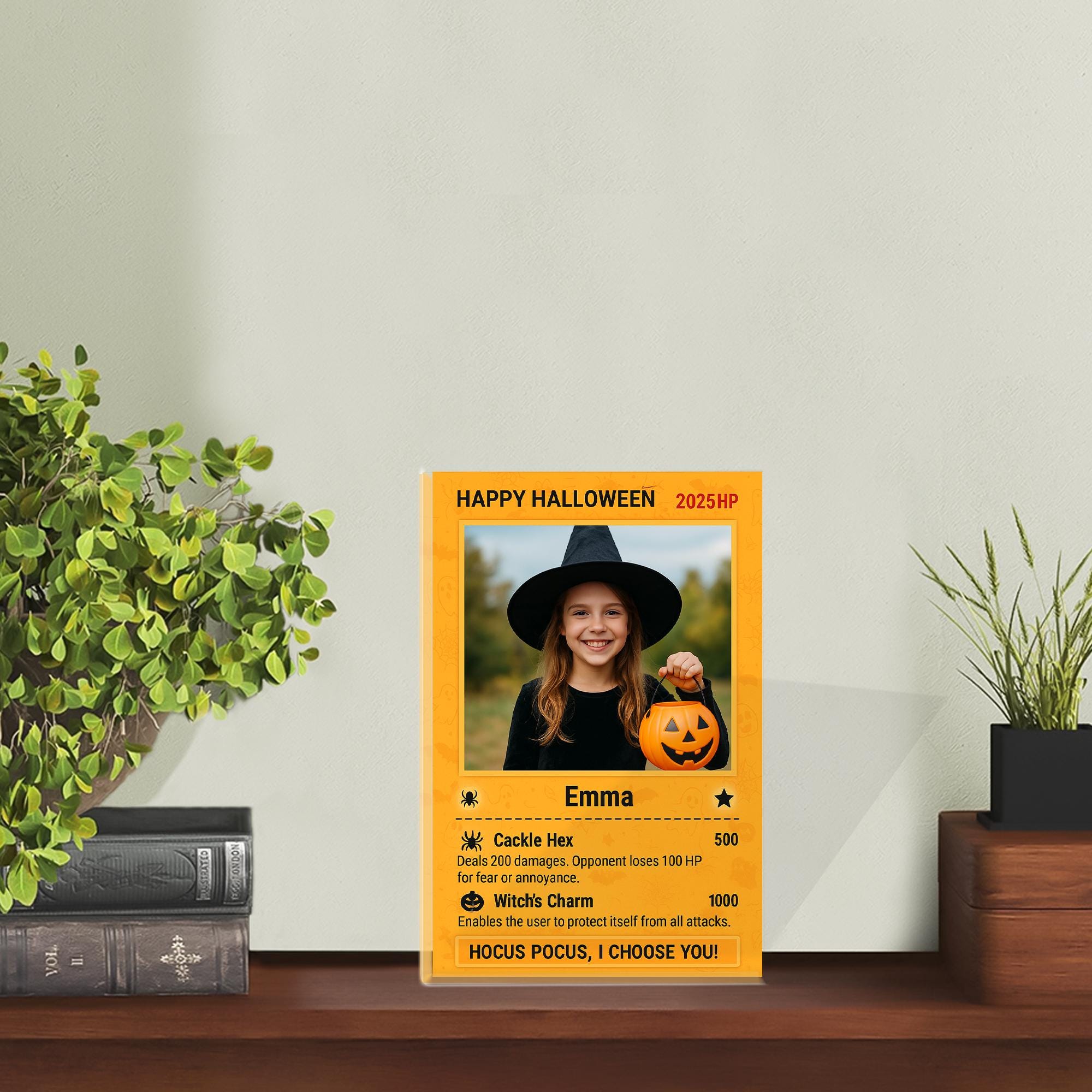 Custom Photo Halloween Card, Personalized Kids Trading Card Game Style Acrylic Block, Spooky Pokémon Inspired Keepsake Gift Decor