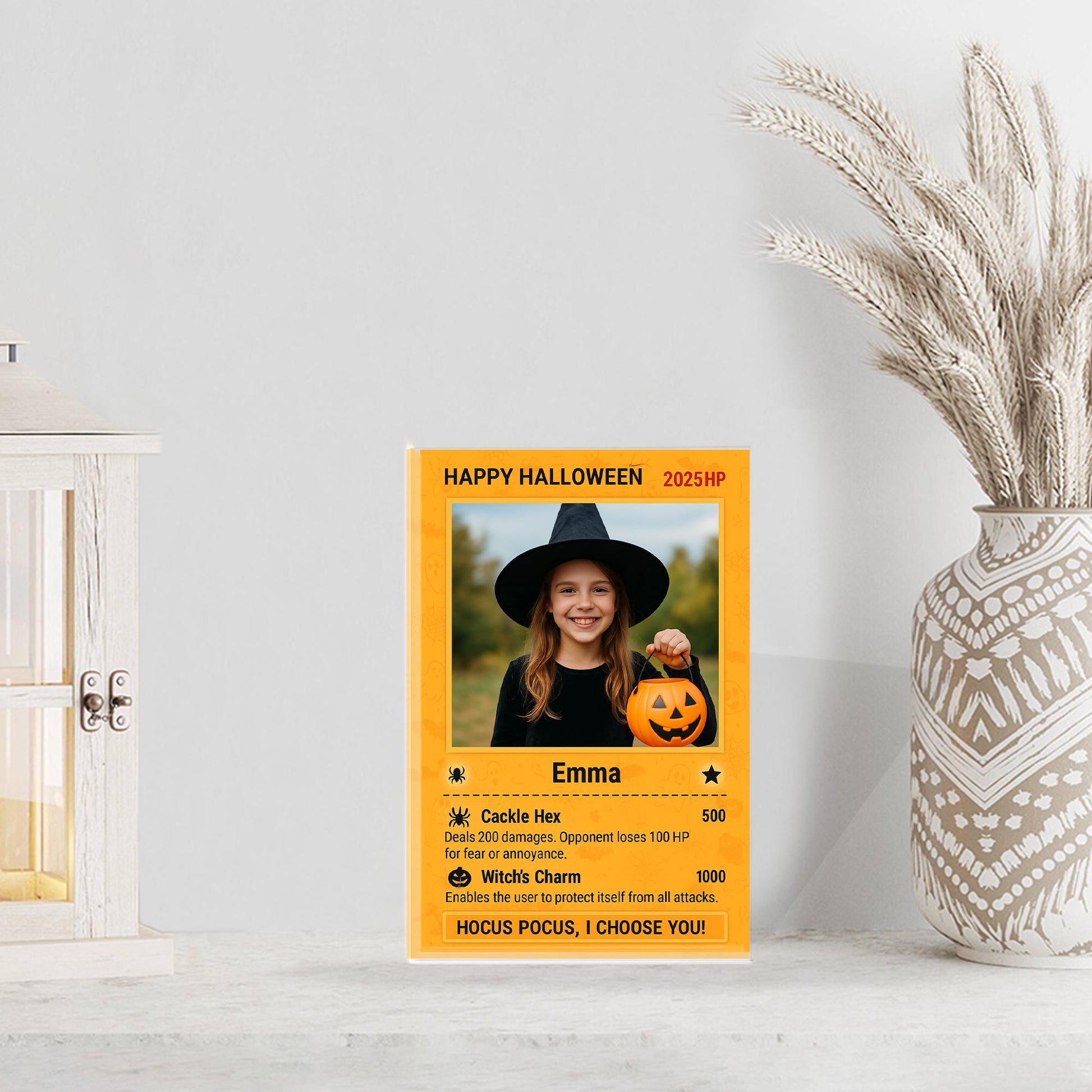Custom Photo Halloween Card, Personalized Kids Trading Card Game Style Acrylic Block, Spooky Pokémon Inspired Keepsake Gift Decor