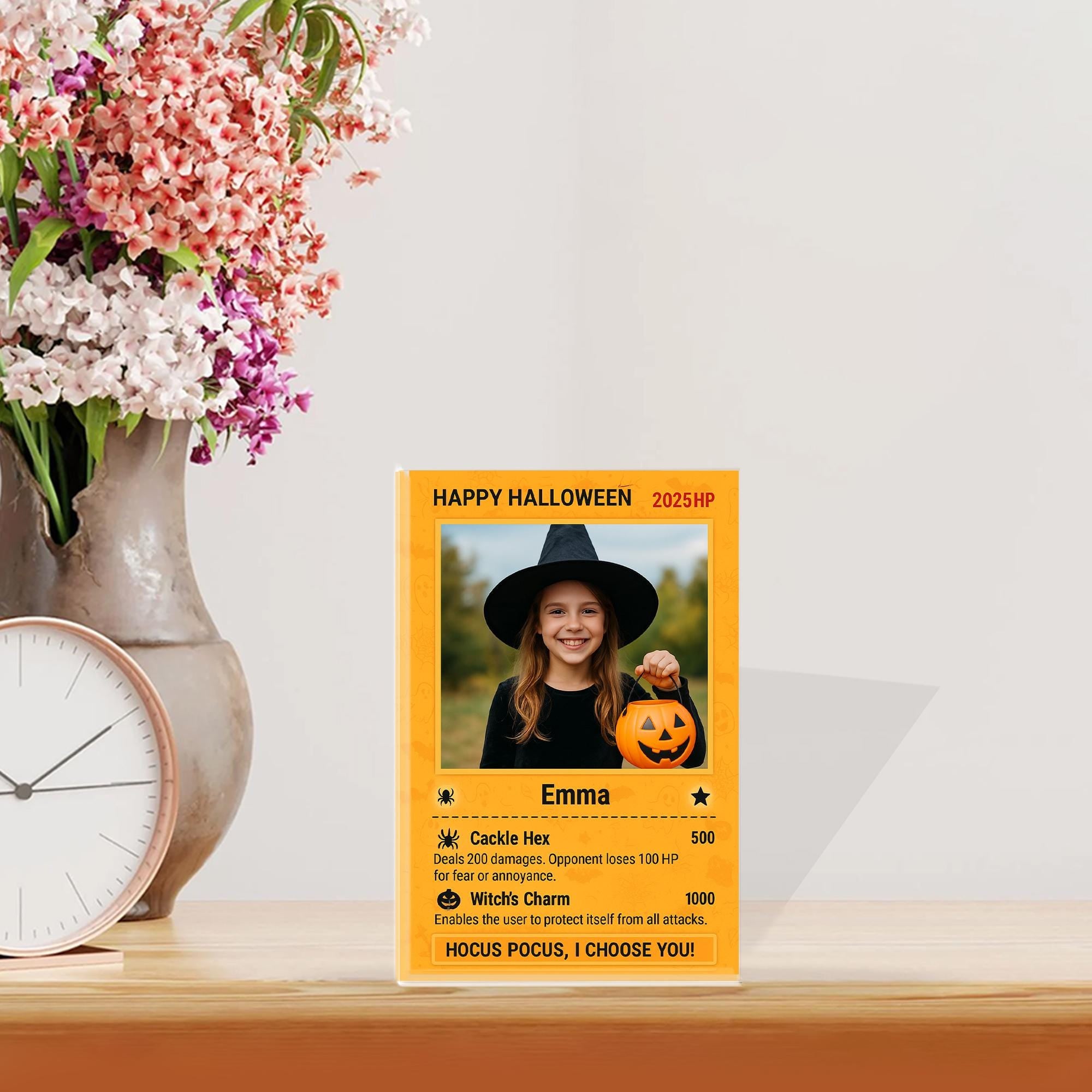 Custom Photo Halloween Card, Personalized Kids Trading Card Game Style Acrylic Block, Spooky Pokémon Inspired Keepsake Gift Decor