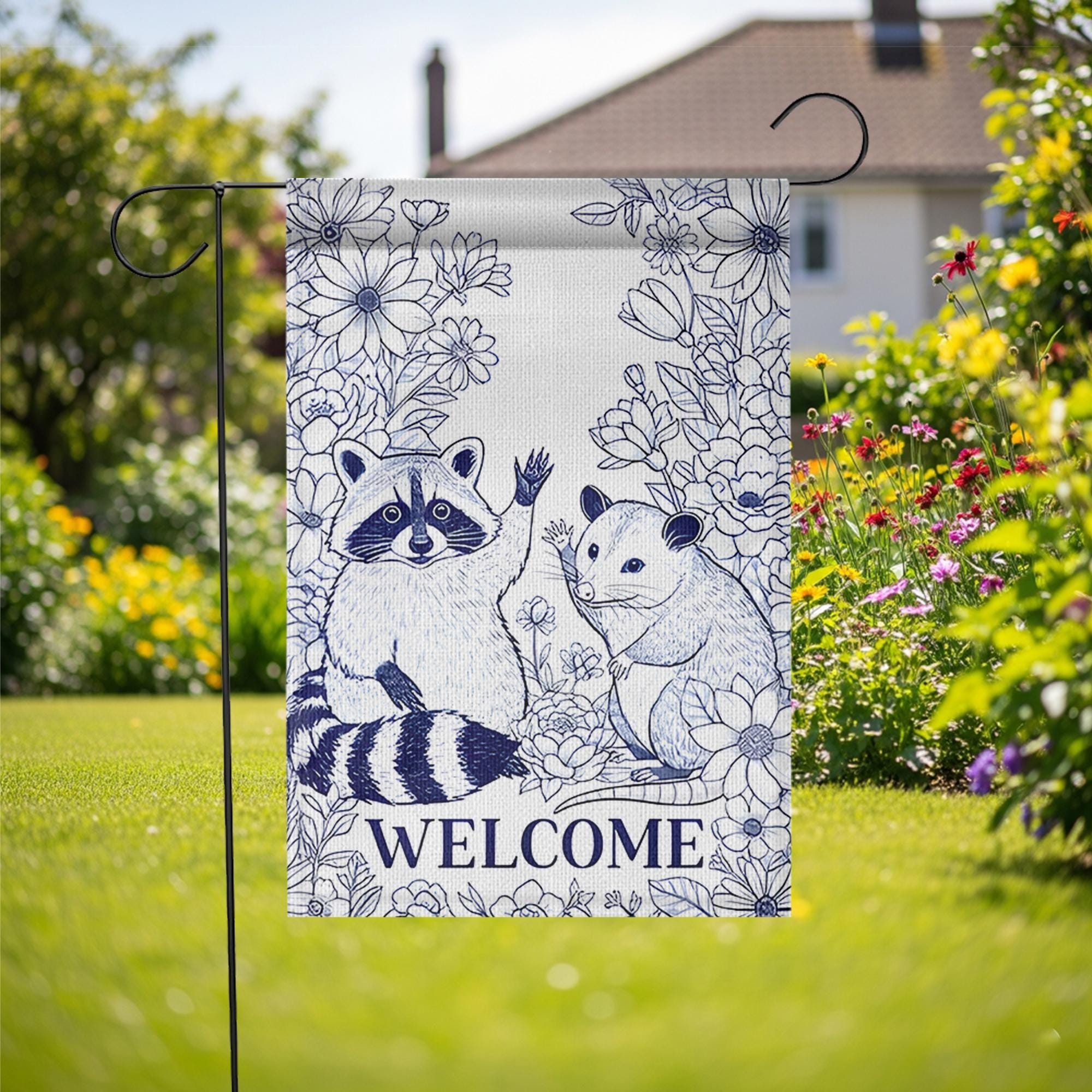 Chinoiserie Raccoon and Possum Garden Flag, Welcome Yard Decor, Blue and White Animal Flag, Cute Woodland Outdoor Sign, Animal Flag Decor