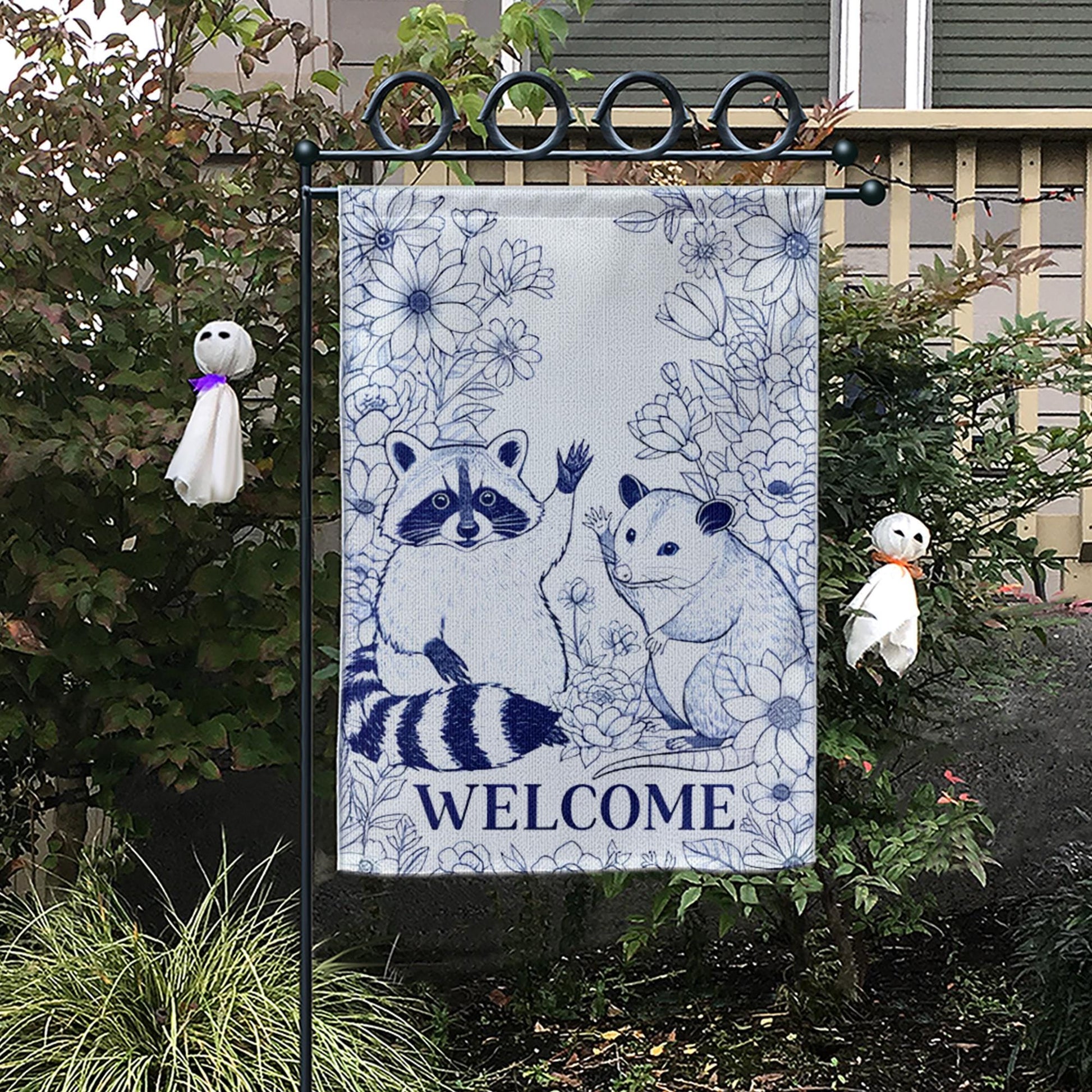 Chinoiserie Raccoon and Possum Garden Flag, Welcome Yard Decor, Blue and White Animal Flag, Cute Woodland Outdoor Sign, Animal Flag Decor