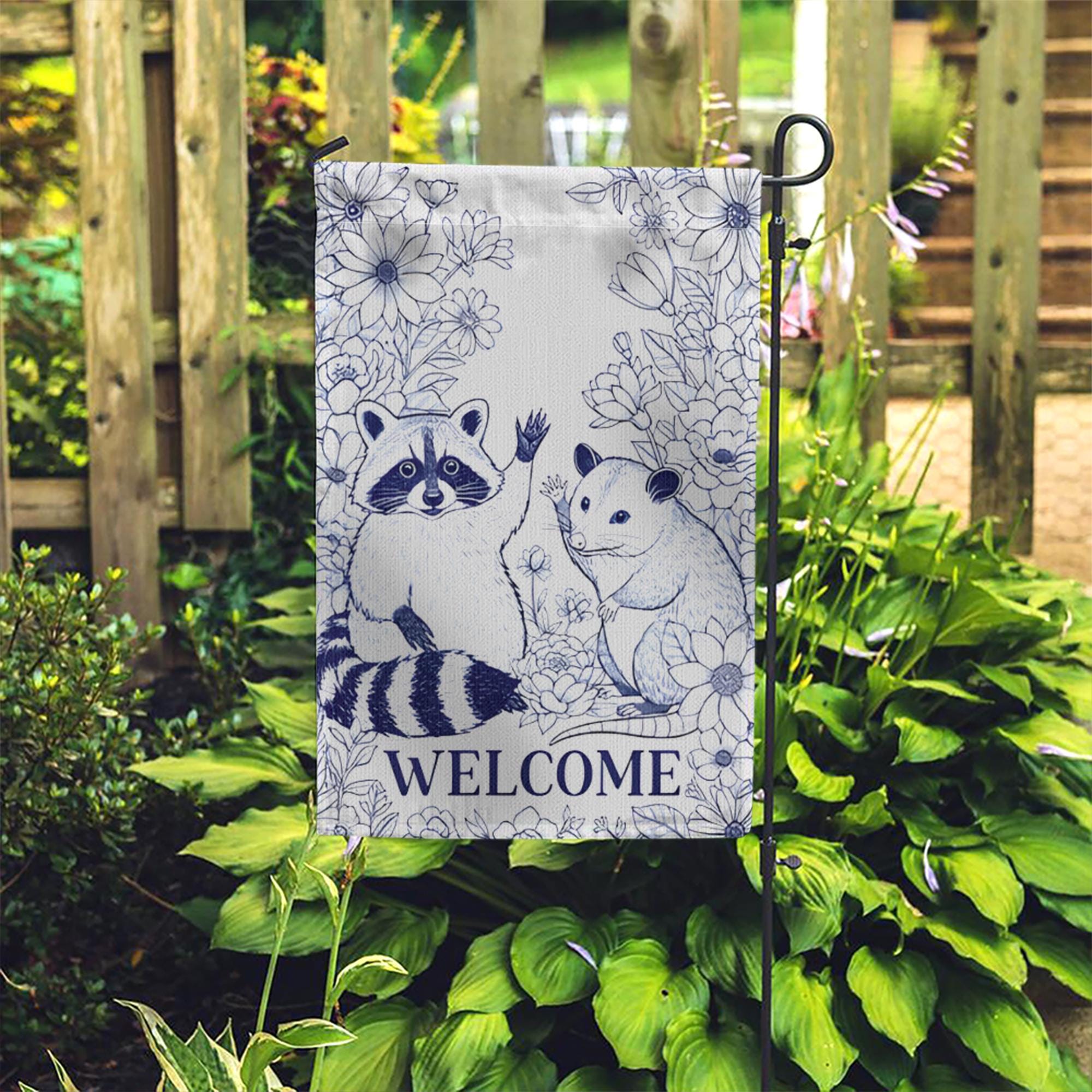 Chinoiserie Raccoon and Possum Garden Flag, Welcome Yard Decor, Blue and White Animal Flag, Cute Woodland Outdoor Sign, Animal Flag Decor
