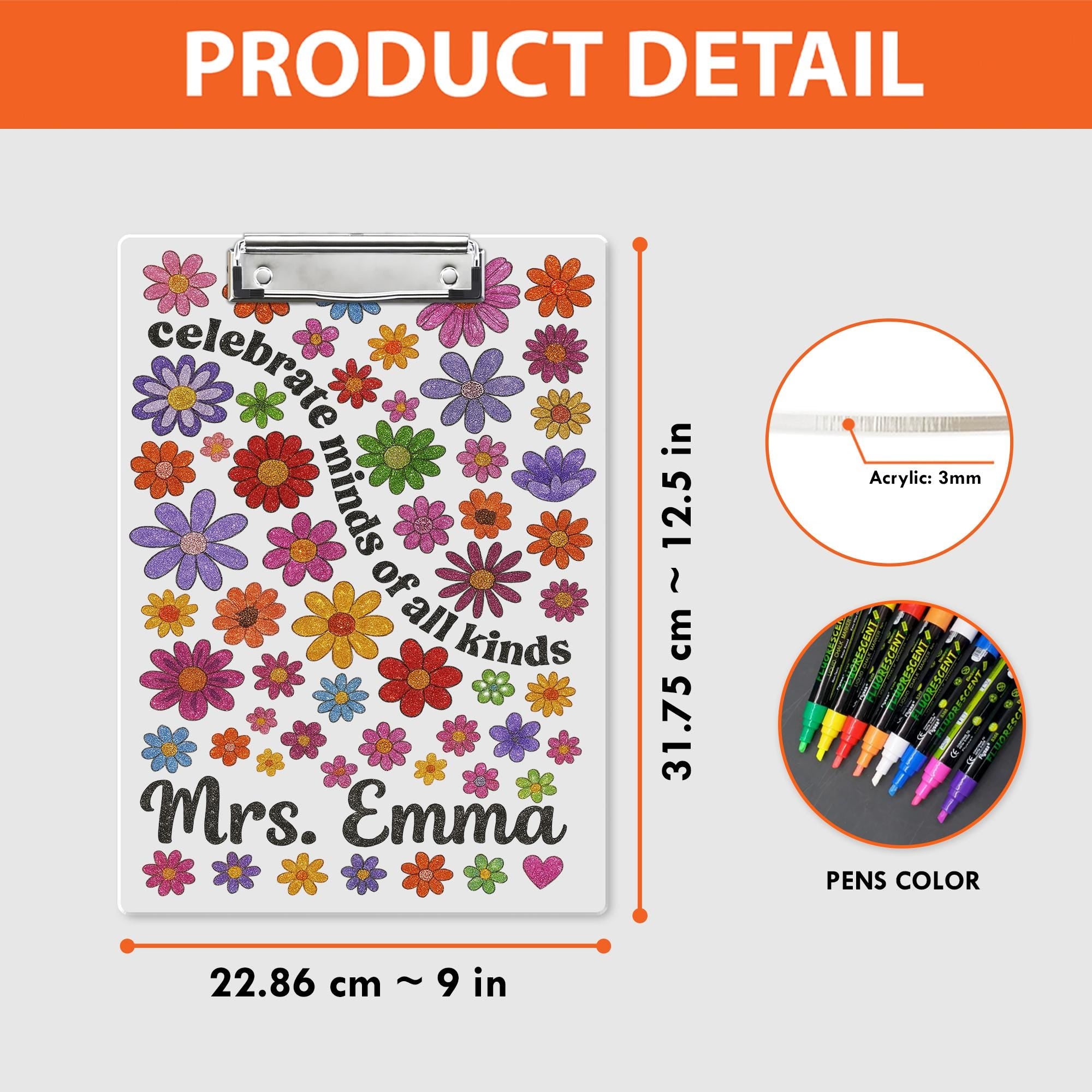 Personalized Teacher Clipboard – Celebrate Minds of All Kinds – Custom Floral Clipboard Gift – Back to School Teacher Name Gift
